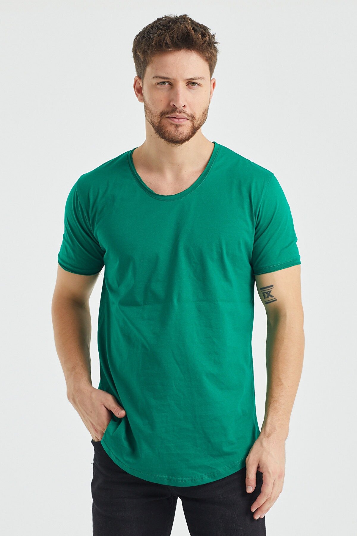 Tarz Cool Erkek Yeşil Çimen Yeşili Pis Yaka Salaş T-shirt