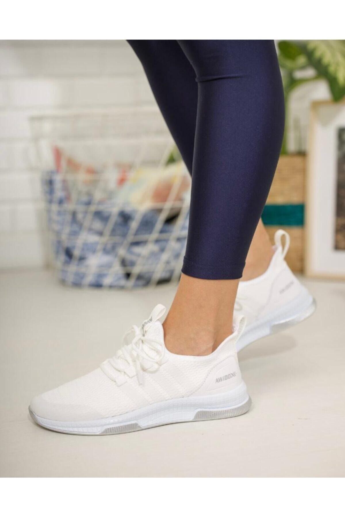 TUGGON Kadın Beyaz Spor Triko Sneaker Ayakkabı