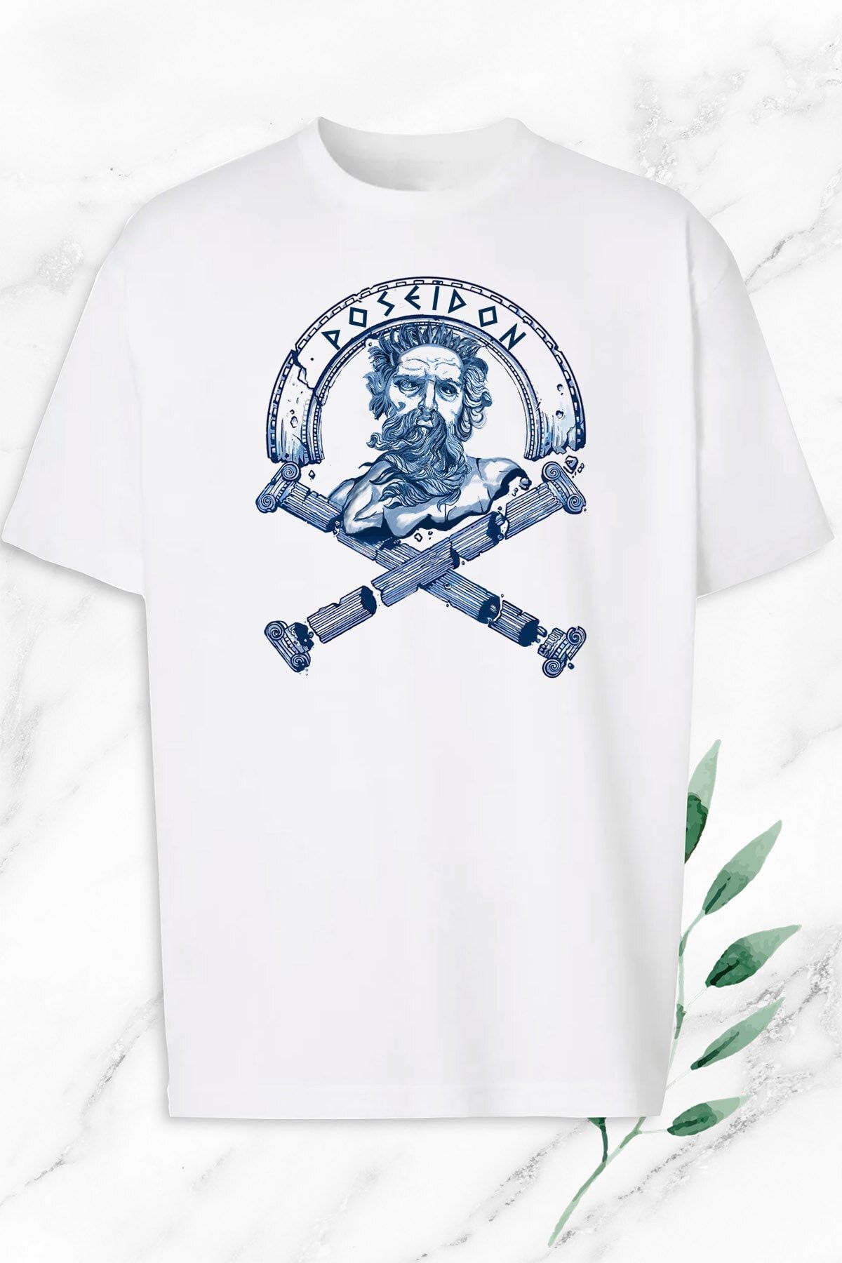 perseusshopping Unisex Beyaz Oversize Mitoloji Poseidon Heykeli Baskılı Tişört