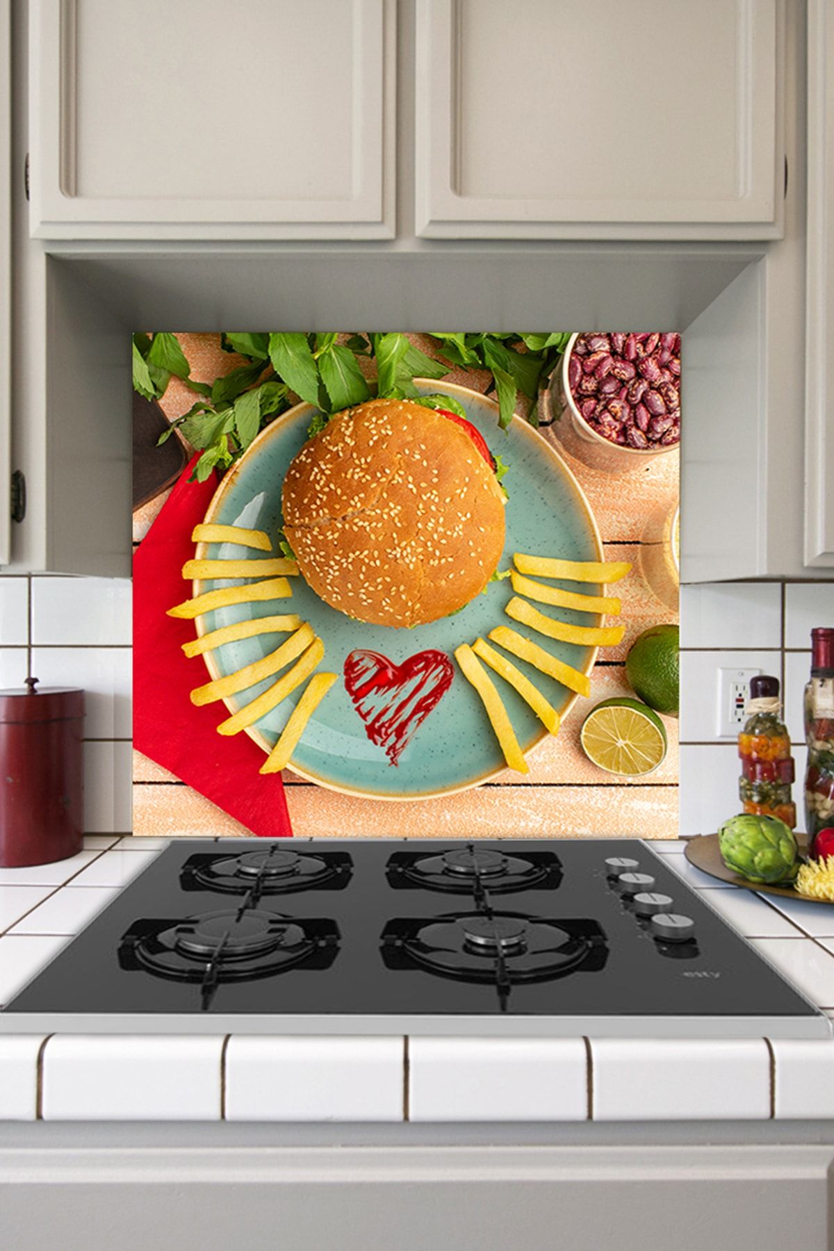 Tilki Dünyası Mutfak Ocağı Arkası Sticker Lezzetli Hamburger Ve Patatesler