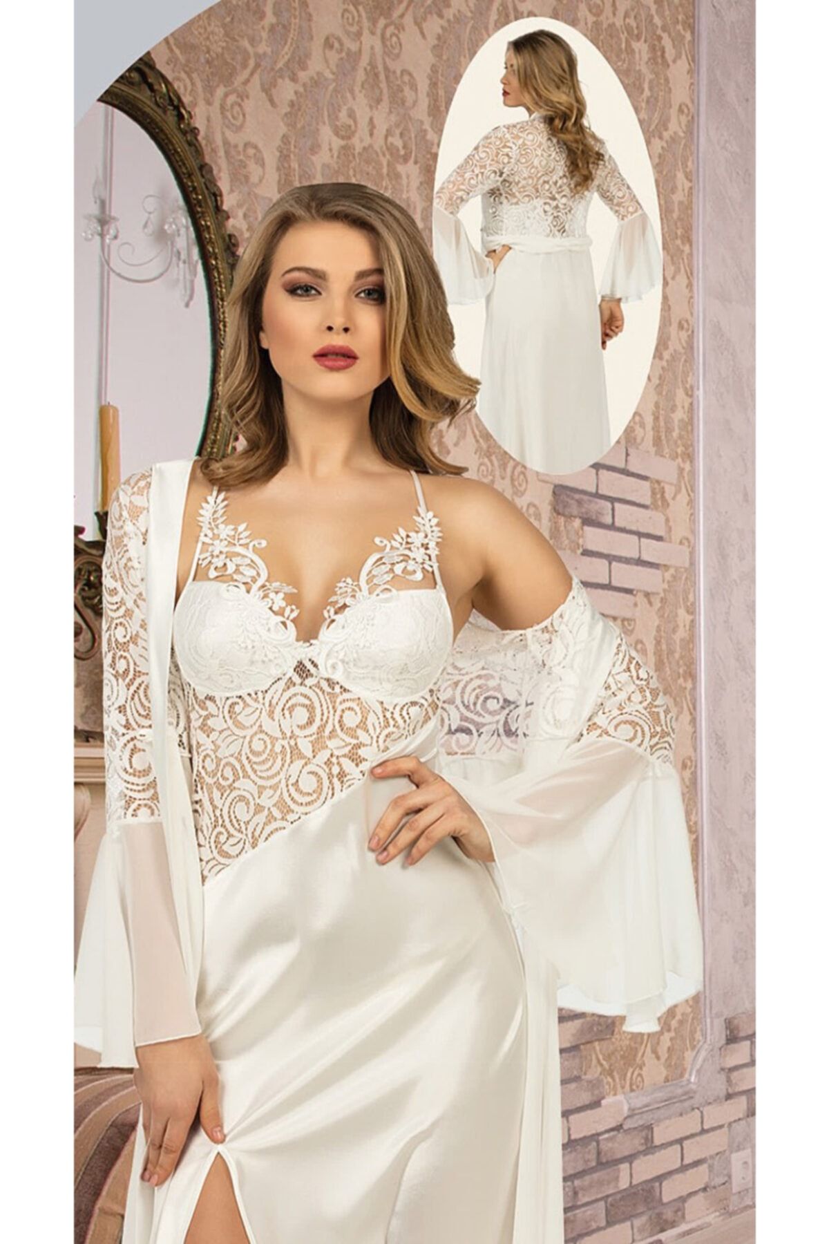 Jasmin Lüx Kadın 6 Parça Saten Pijama Gecelik Sabahlık Gelin Çeyiz Seti 1486