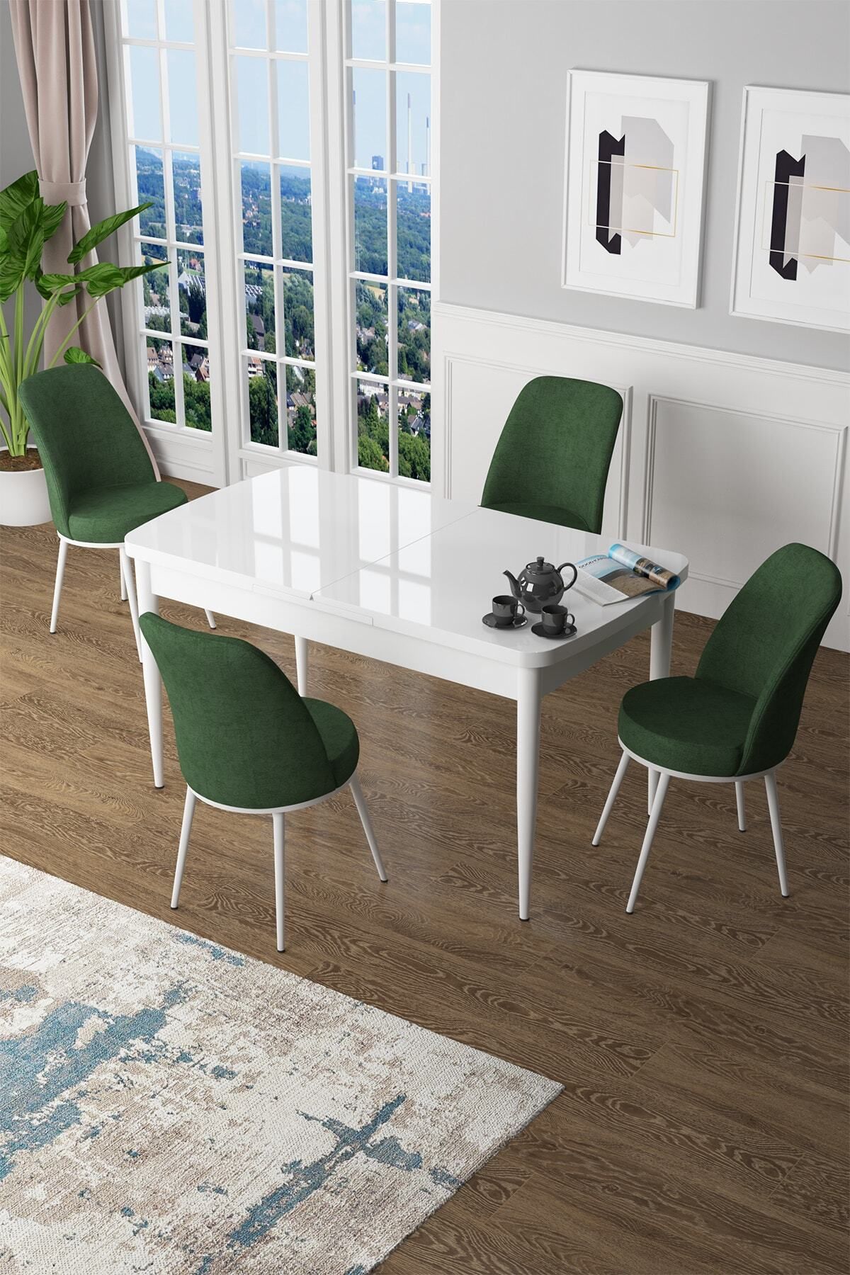 Canisa Concept Zen Serisi Mdf Açılabilir Mutfak Masa Takımı-beyaz Masa+ 4 Yeşil Sandalye