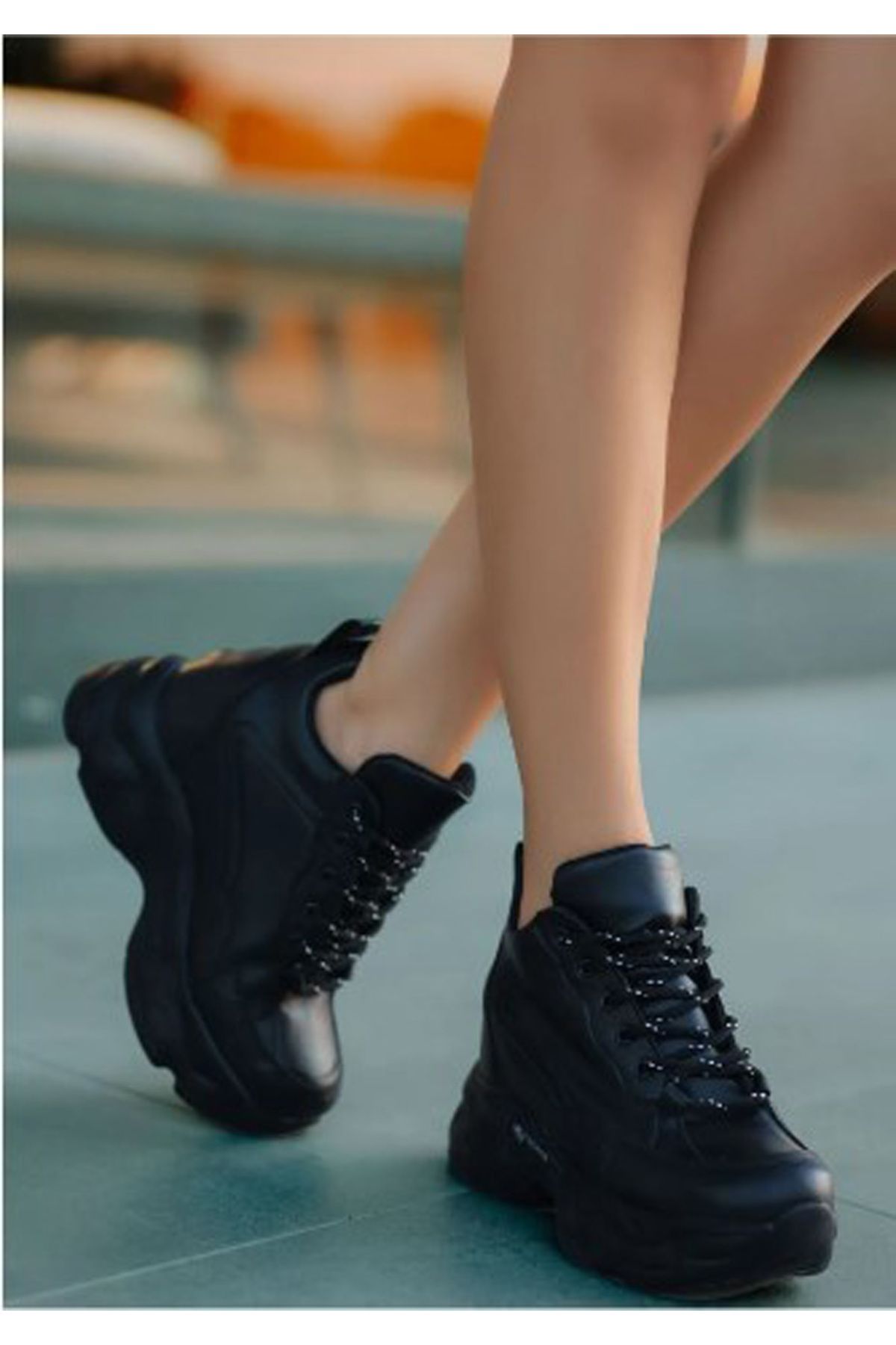 Afilli Kadın Siyah Gizli Yüksek Taban Dolgu Platform Topuk Rahat Günlük Sneaker Spor Ayakkabı