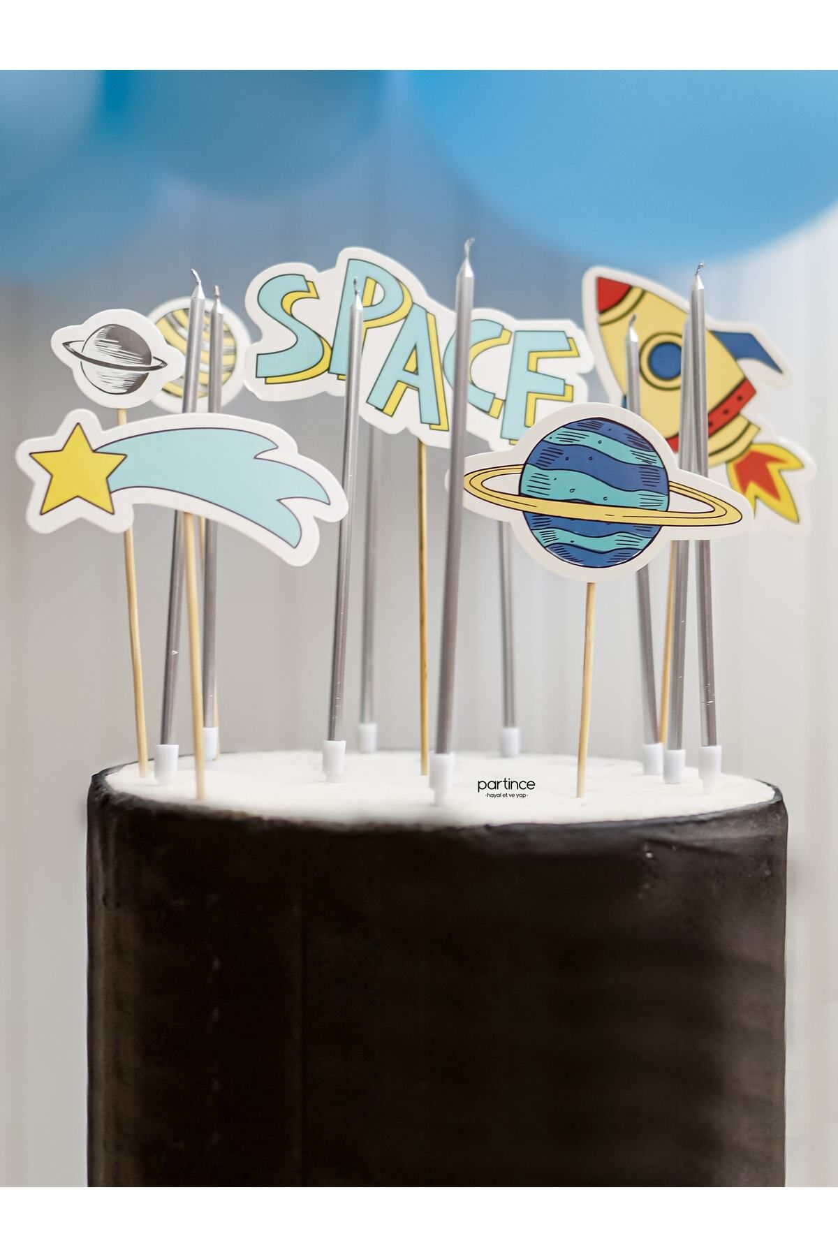 partince 2'li Set 6'lı Space Uzay Pasta Süsü Cake Topper 12'li Krom Gümüş Mum Doğum Günü Pasta Süsleme Seti