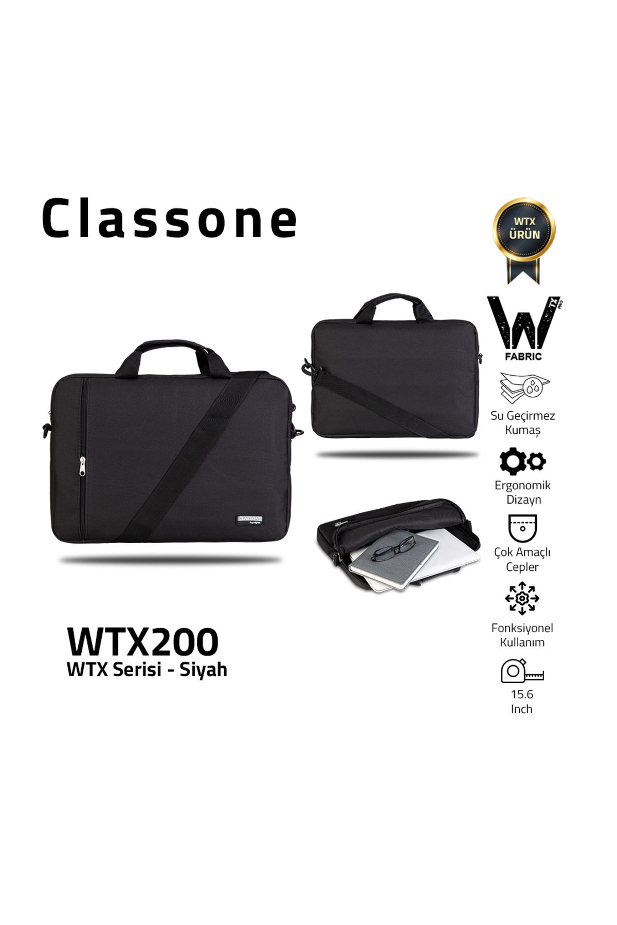 Classone Wtx200 Wtxpro Su Geçirmez Kumaş 15.6 Inch Uyumlu Macbook, Laptop , Notebook El Çantası- Siyah