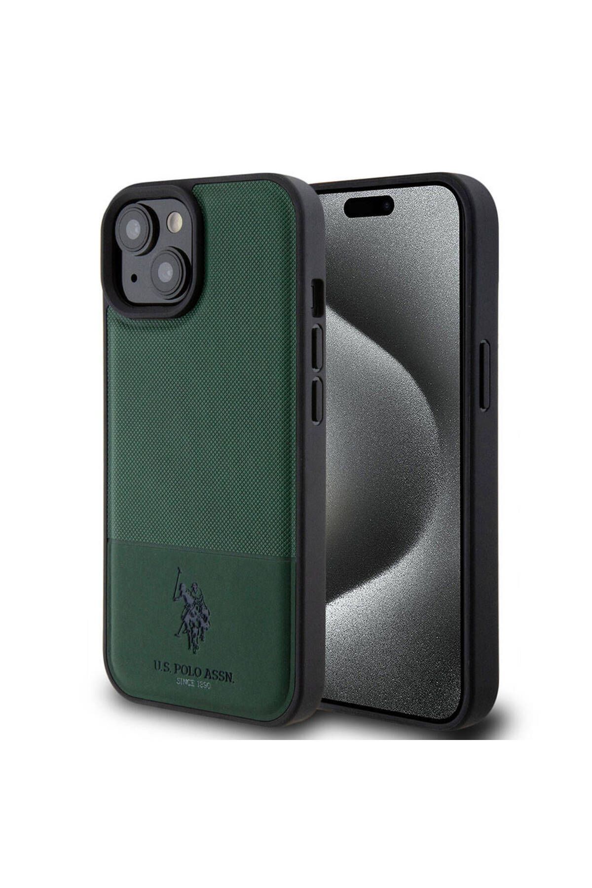 U.S. Polo Assn. iPhone 15 Kılıf U.S. Polo Assn. Lisanslı Suni Deri Baskı Logolu Örgü Desenli Yeşil