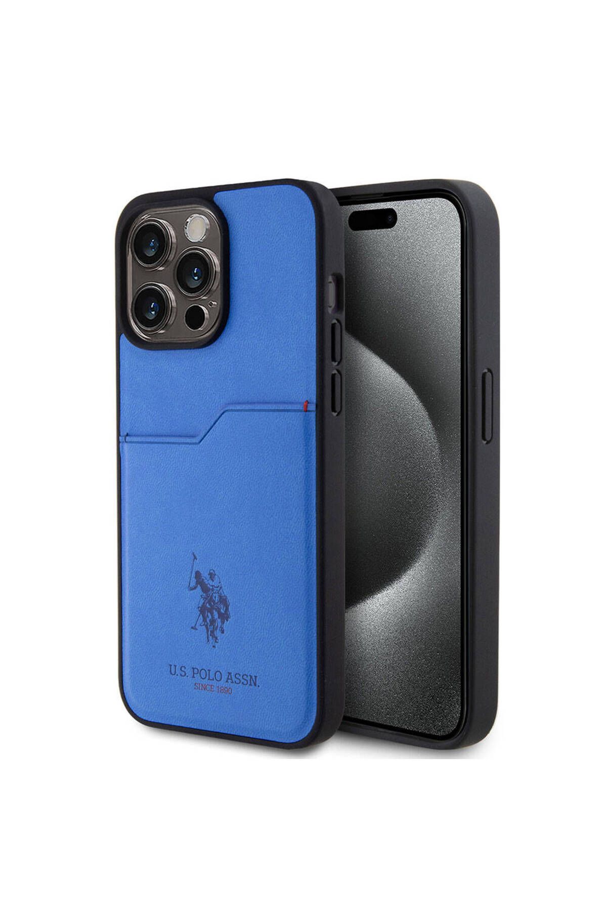 U.S. Polo Assn. iPhone 15 Pro Max Kılıf U.S. Polo Assn. Lisanslı Baskı Logolu PU Kartlıklı Kapak Mavi
