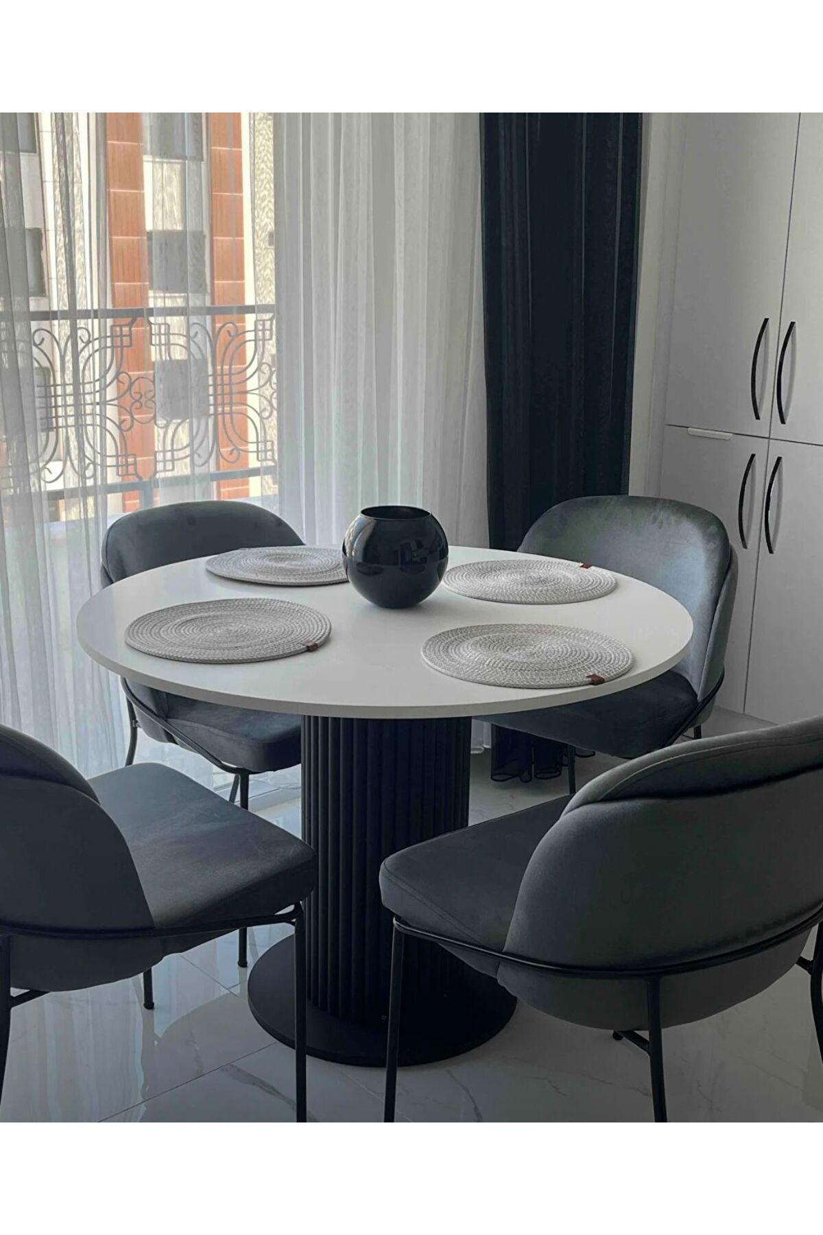Seyvey Dizayn Özel Tasarım Yuvarlak Siyah Yemek Masası Balkon Mutfak Masası Çalışma Ofis Masası 103 Cm