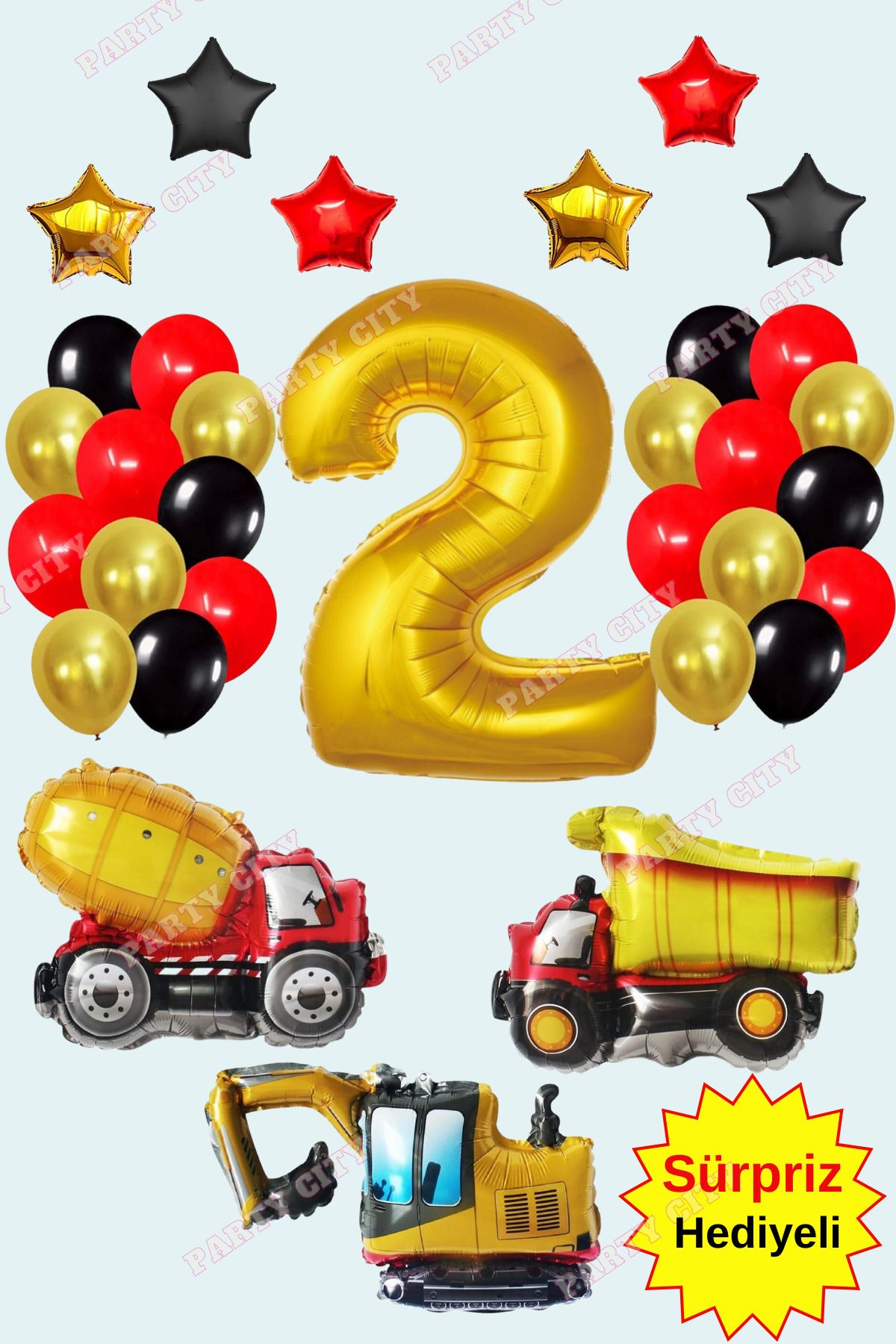 Party City 2 Yaş İnşaat Temalı Konsepti Folyo Balon ve Yıldız Temalı Doğum Günü Parti Kutlama Seti