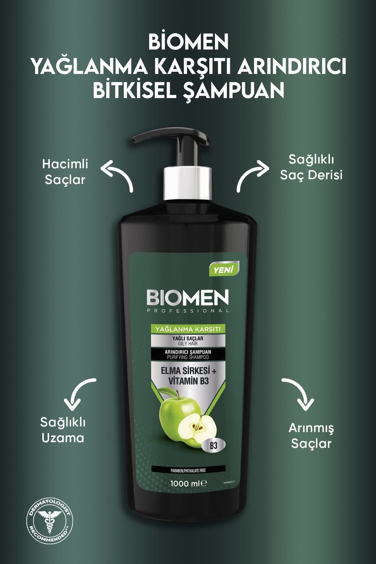 Biomen Effective Anti-Oil Shampoo Containing Apple Cider Vinegar and Vitamin B3, Special for Oily Hair