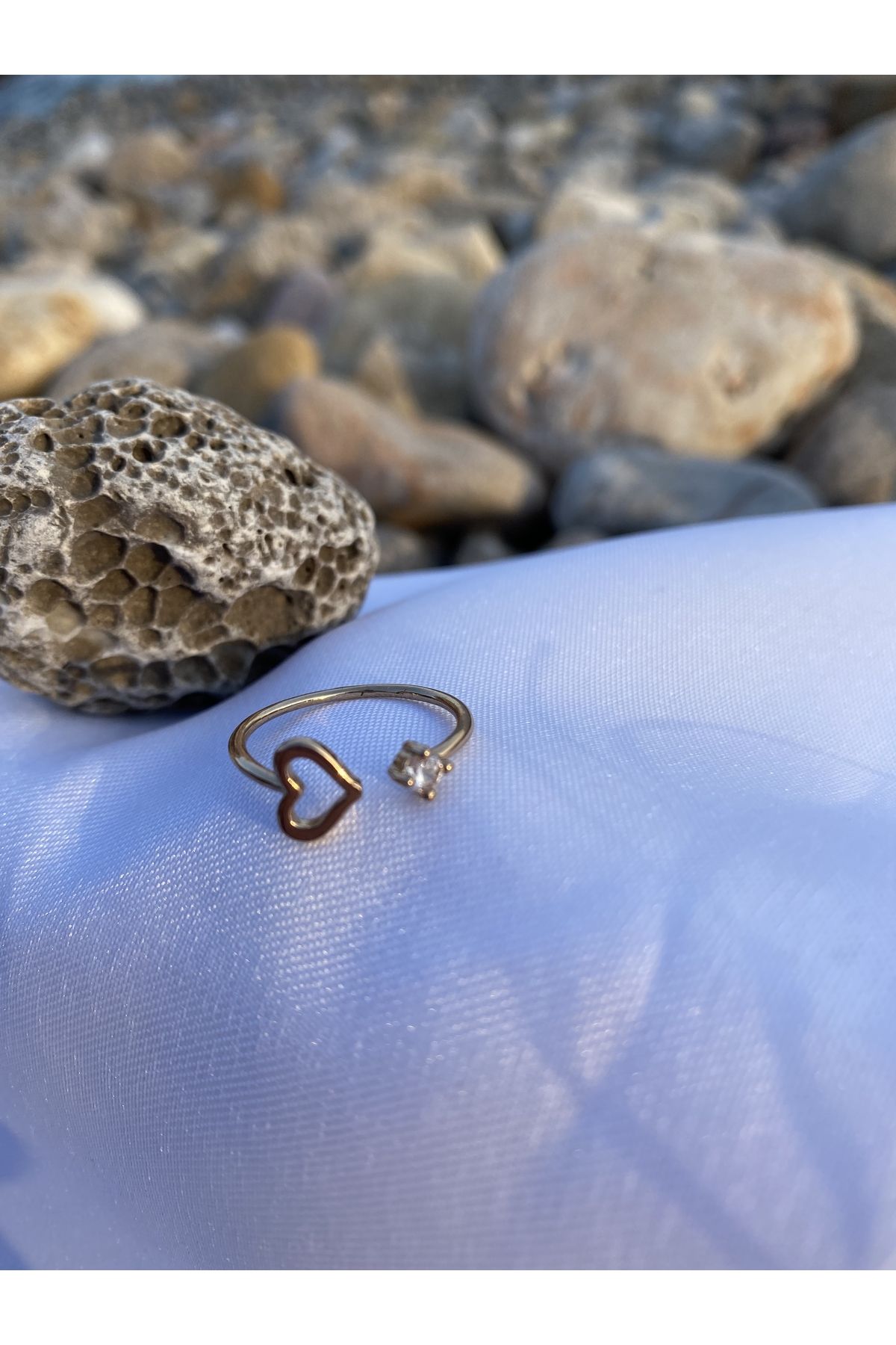 Vamos Jewelry Rodyum Kaplama Zirkon Taşlı Kalp Model Ayarlanabilir Yüzük