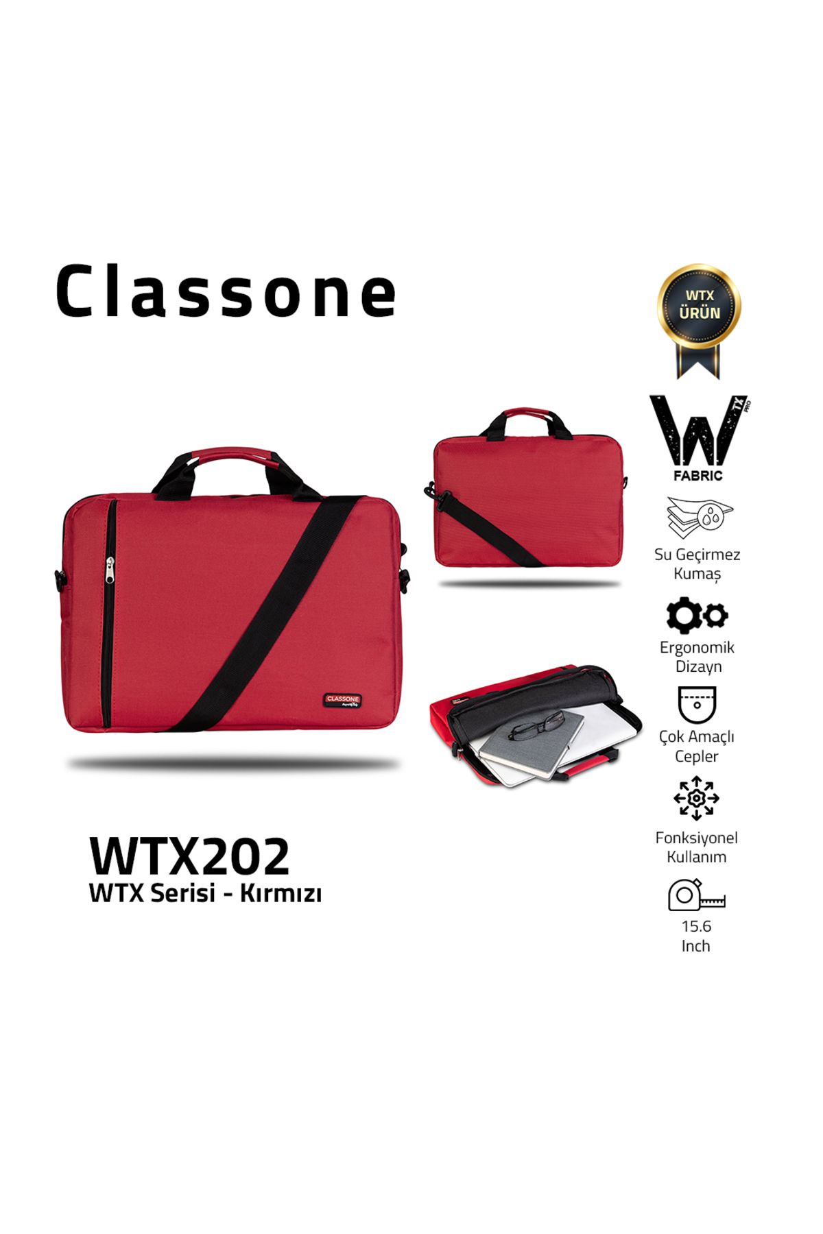 Classone Wtx202 Wtxpro Serisi Su Geçirmez Kumaş 15.6 Inch Macbook, Laptop , Notebook El Çantası- Kırmızı