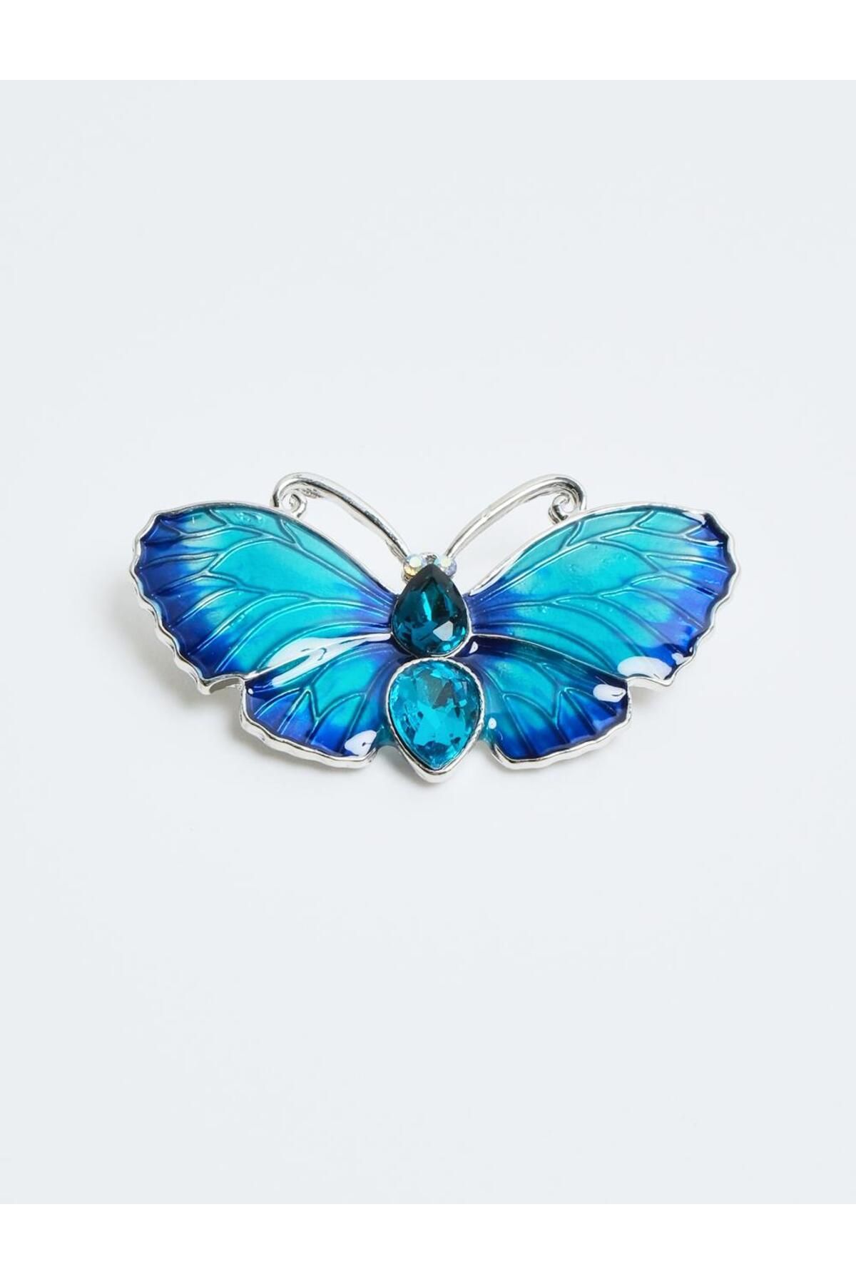 Jimmy Key Mavi Taşlı Kelebek Figürlü Broş