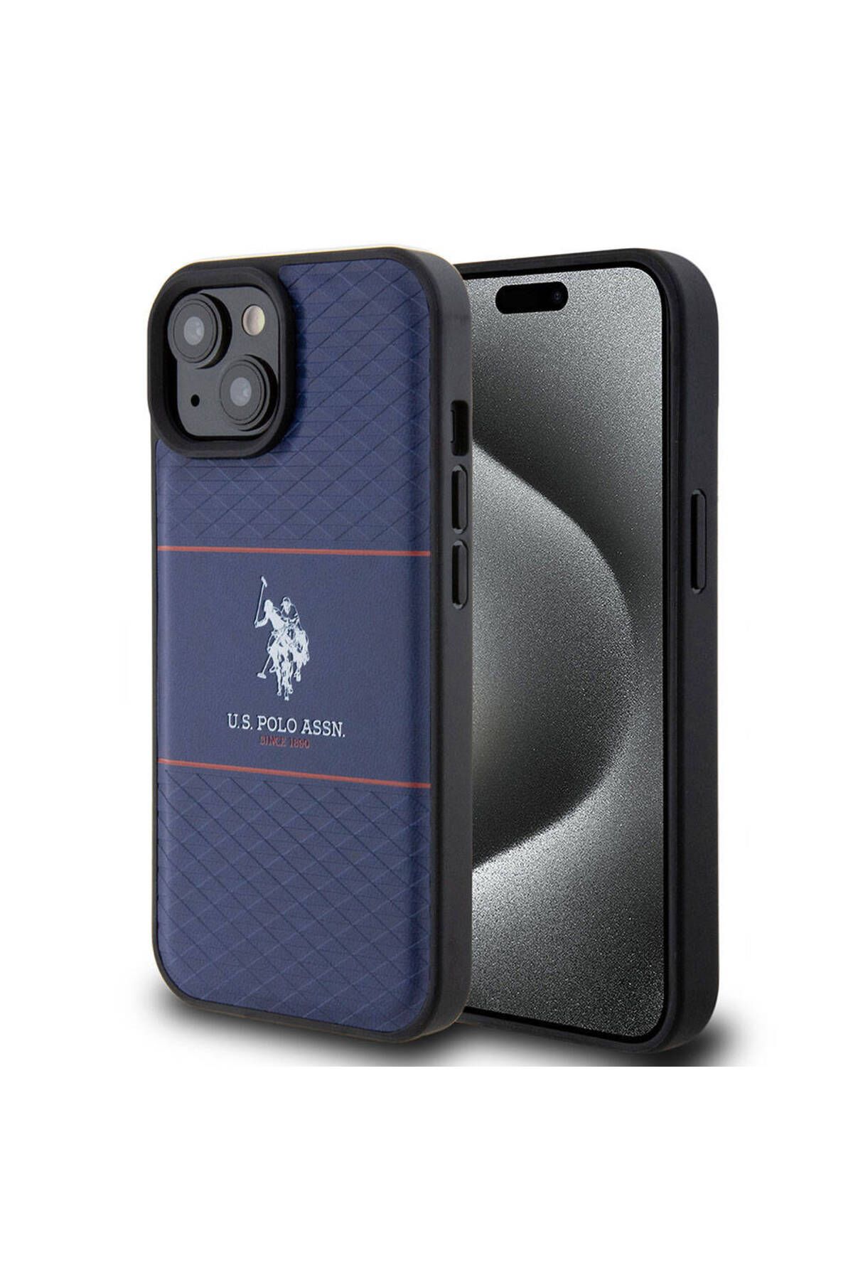 U.S. Polo Assn. iPhone 15 Kılıf U.S. Polo Assn. Lisanslı Deri Şeritli Logo Dizayn Kapak Lacivert