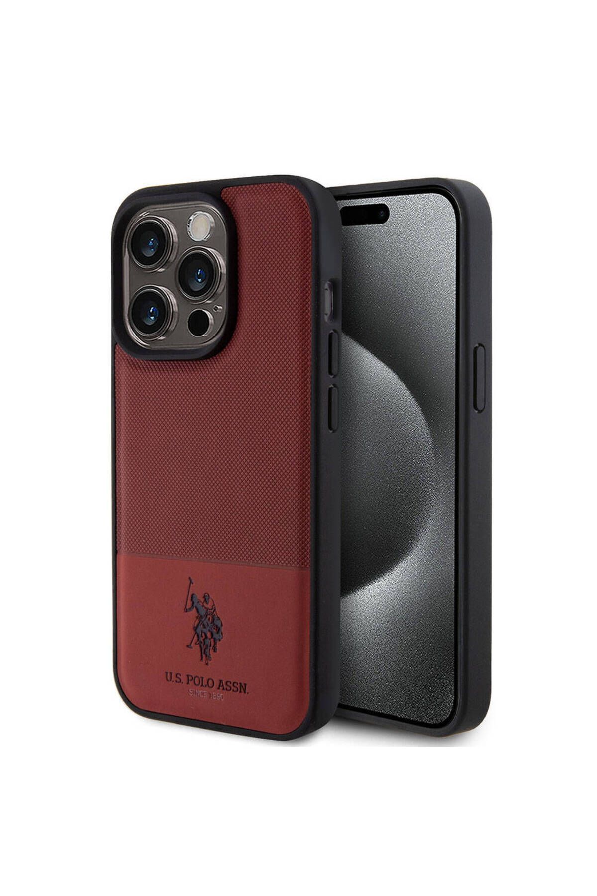 U.S. Polo Assn. iPhone 15 Pro Kılıf U.S. Polo Assn. Lisanslı Suni Deri Baskı Logolu Örgü Desenli Kırmızı