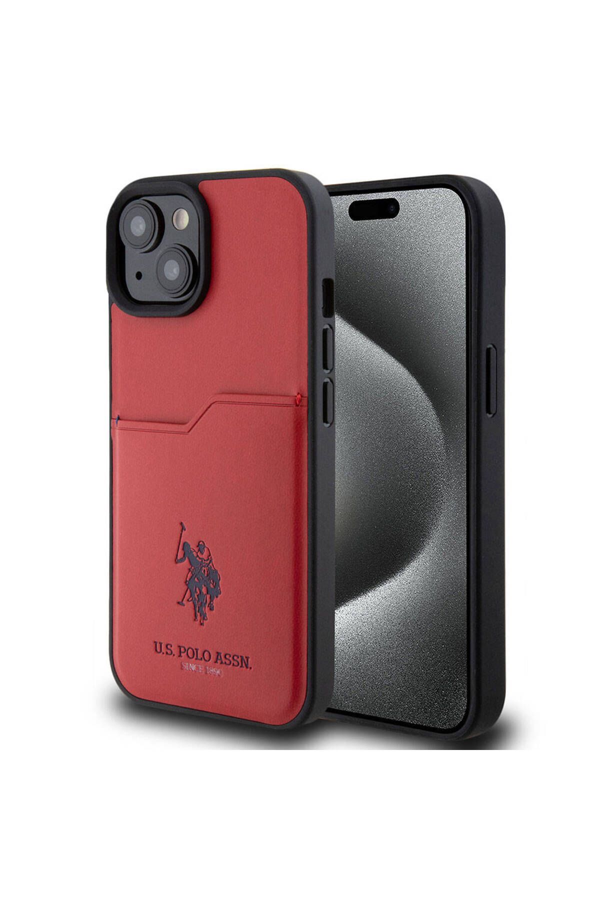 U.S. Polo Assn. iPhone 15 Kılıf U.S. Polo Assn. Lisanslı Baskı Logolu PU Kartlıklı Kapak Kırmızı