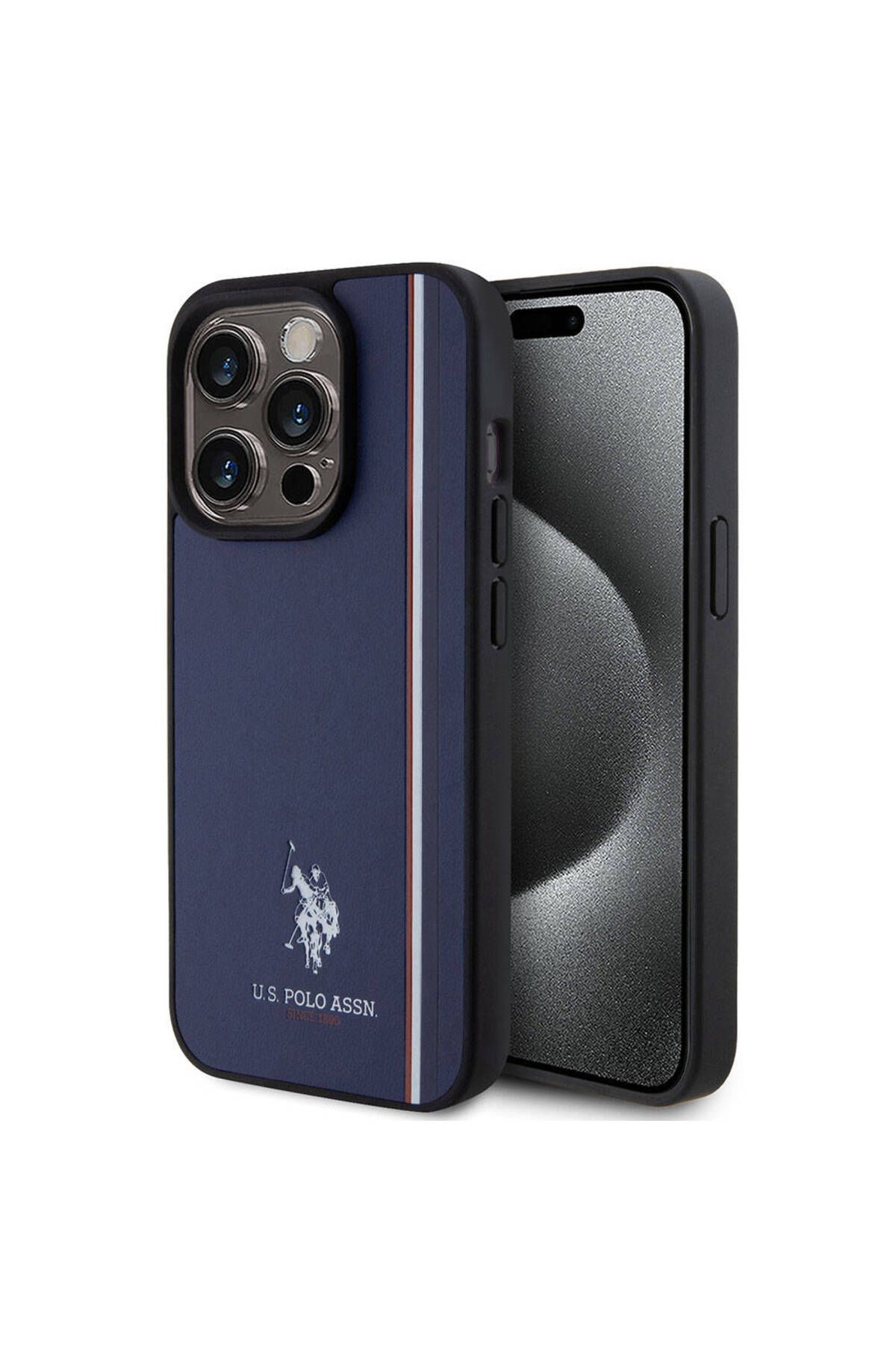 U.S. Polo Assn. iPhone 15 Pro Kılıf U.S. Polo Assn. Lisanslı Üç Renk Şerit Tasarımlı Baskı Logolu Lacivert