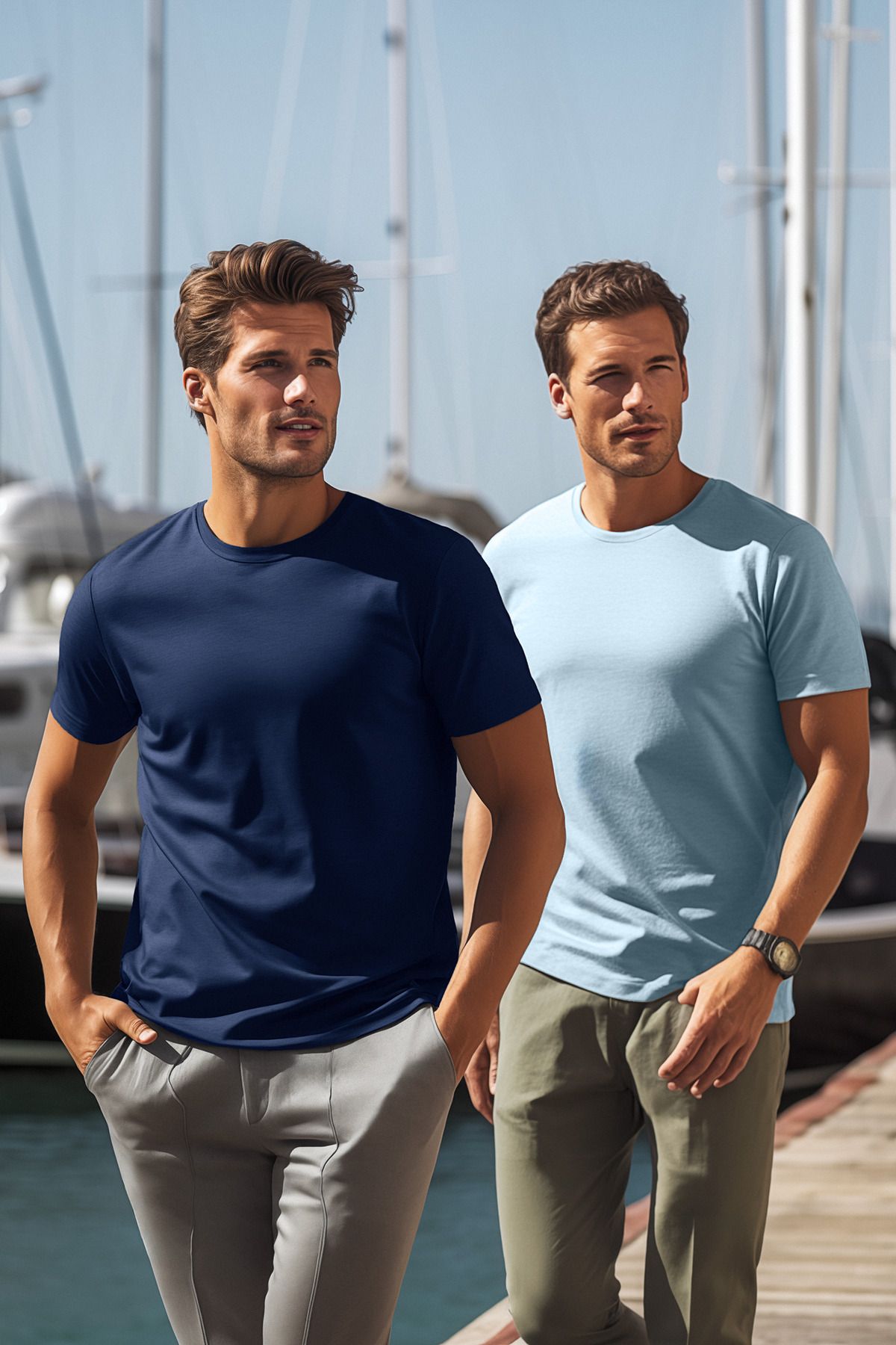 TRENDYOL MAN Lacivert-Mavi  Basic Slim Fit %100 Pamuk 2'li Paket Kısa Kollu T-Shirt TMNSS19BO0075