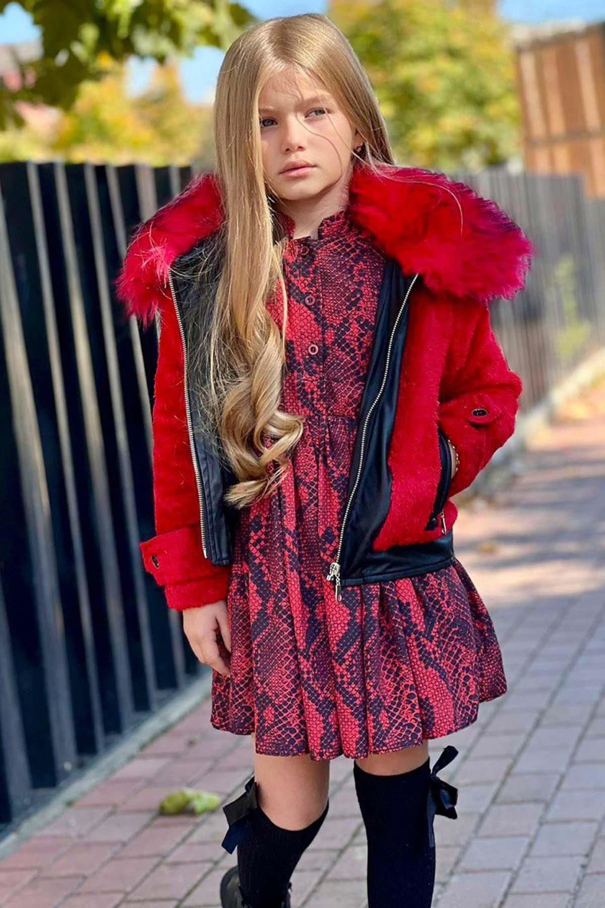 Riccotarz Kız Çocuk Yakası Kürklü Deri Detaylı Peluş Ceket ve Desenli Kırmızı Elbise