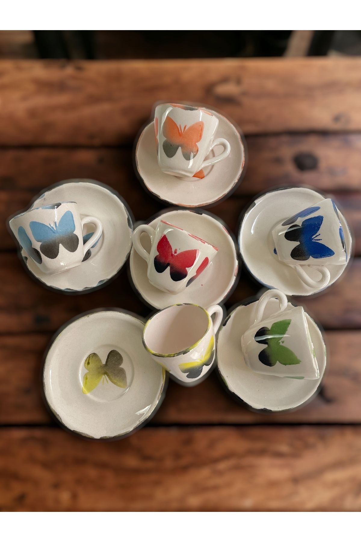 Artistic Quality Dekoratif 6 Kişilik Şık Kelebek Tasarımlı Tamamen El Yapımı Kahve Fincan Seti