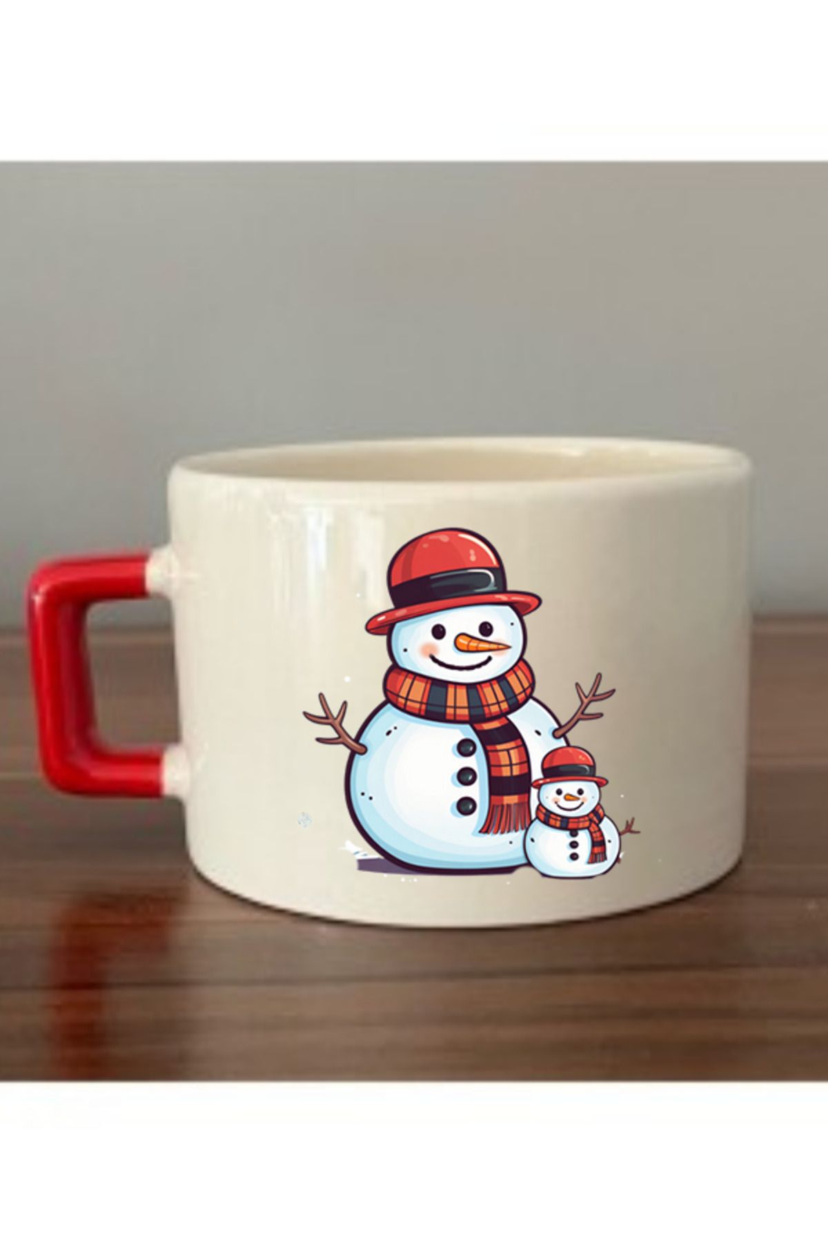 lili hediyelik Kardan Adam Baskılı Kırmızı Kulplu Fincan Seramik Kupa - Seramik Çay, Kahve Hediyelik Bardağı