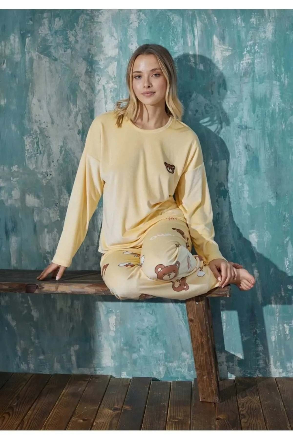 Mihra Kadife Pijama Takımı Sarı