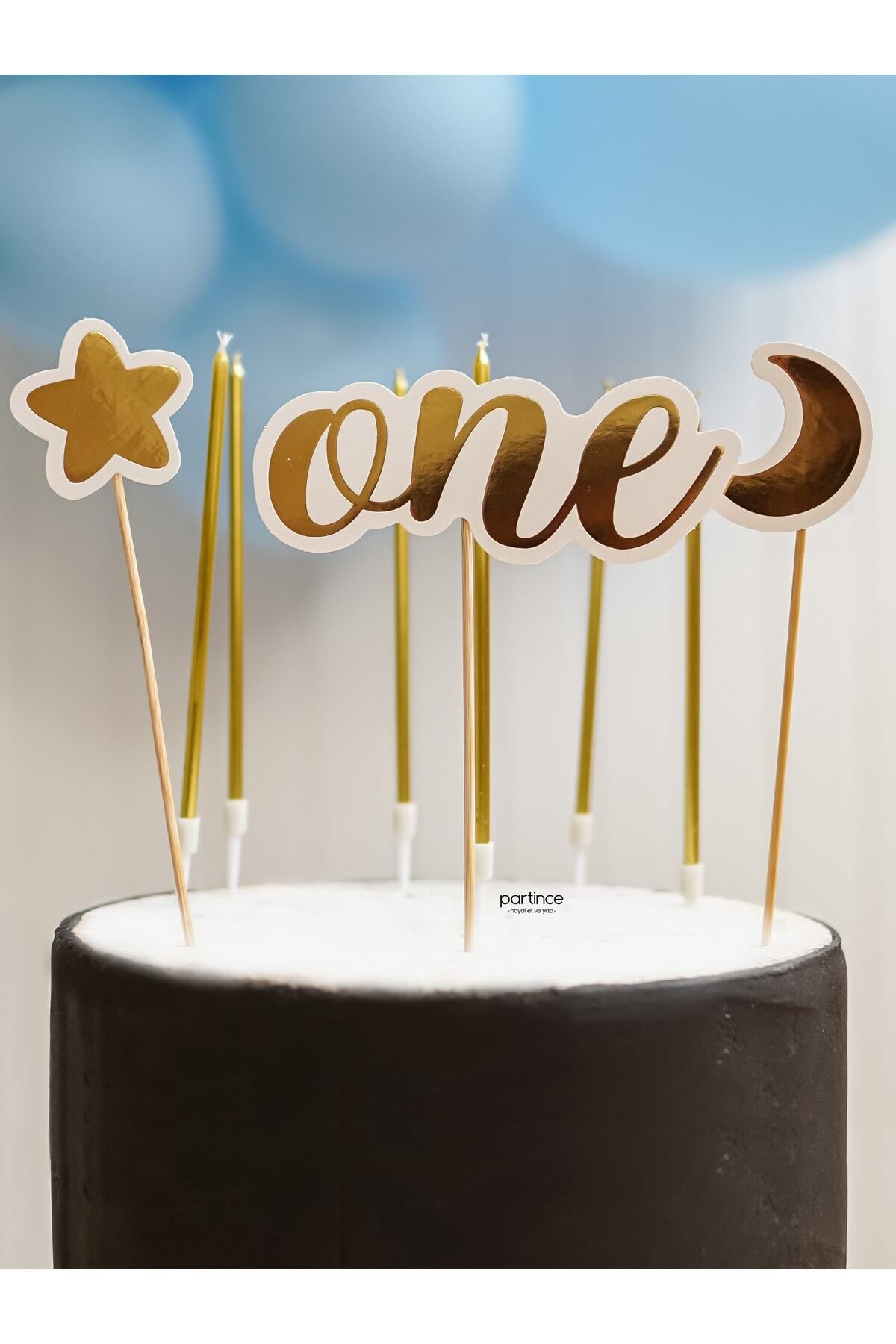 partince 2'li Set 3'lü One 1 Yaş Pasta Süsü Cake Topper 12'li Krom Gold Mum Doğum Günü Pasta Süsleme Seti