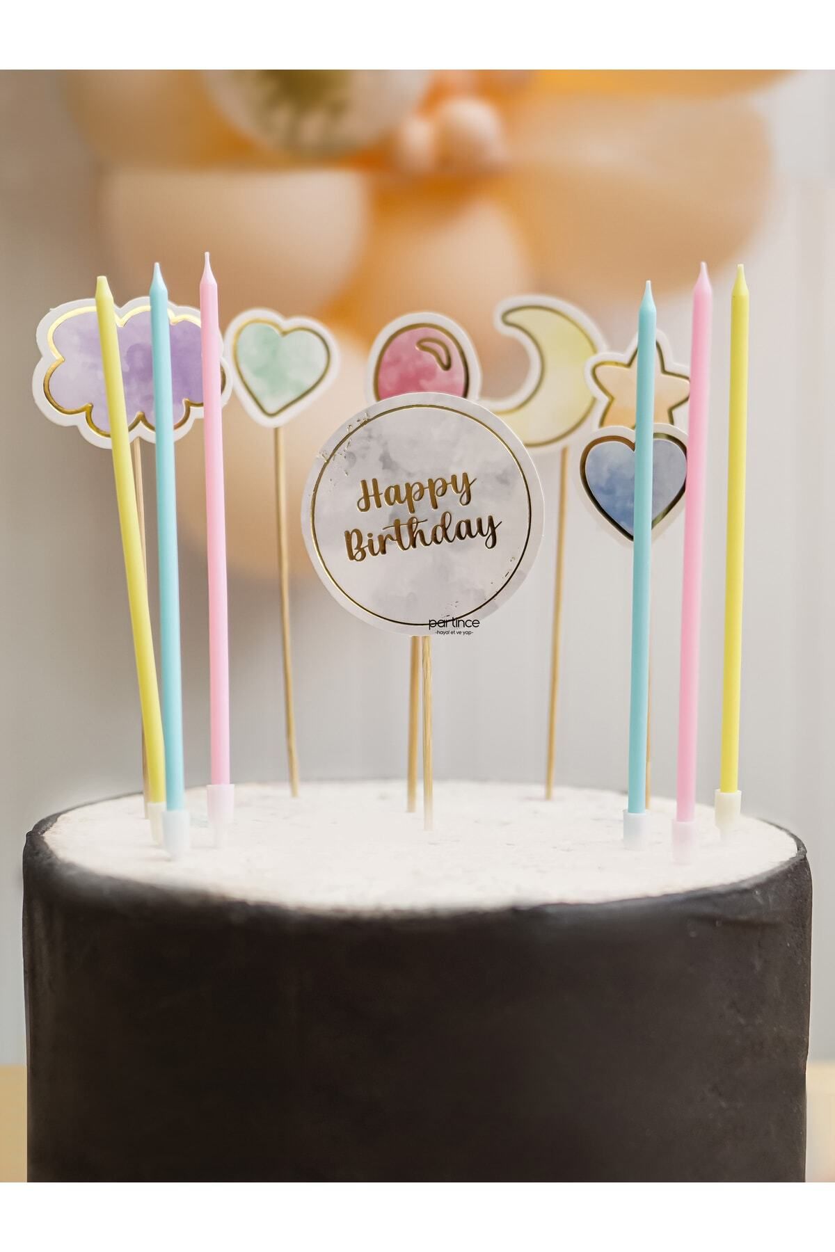 partince 2'li Set 7'li Happy Birthday Yazılı Pasta Süsü Cake Topper 12'li Makaron Mum Doğum Günü Süsleme Seti