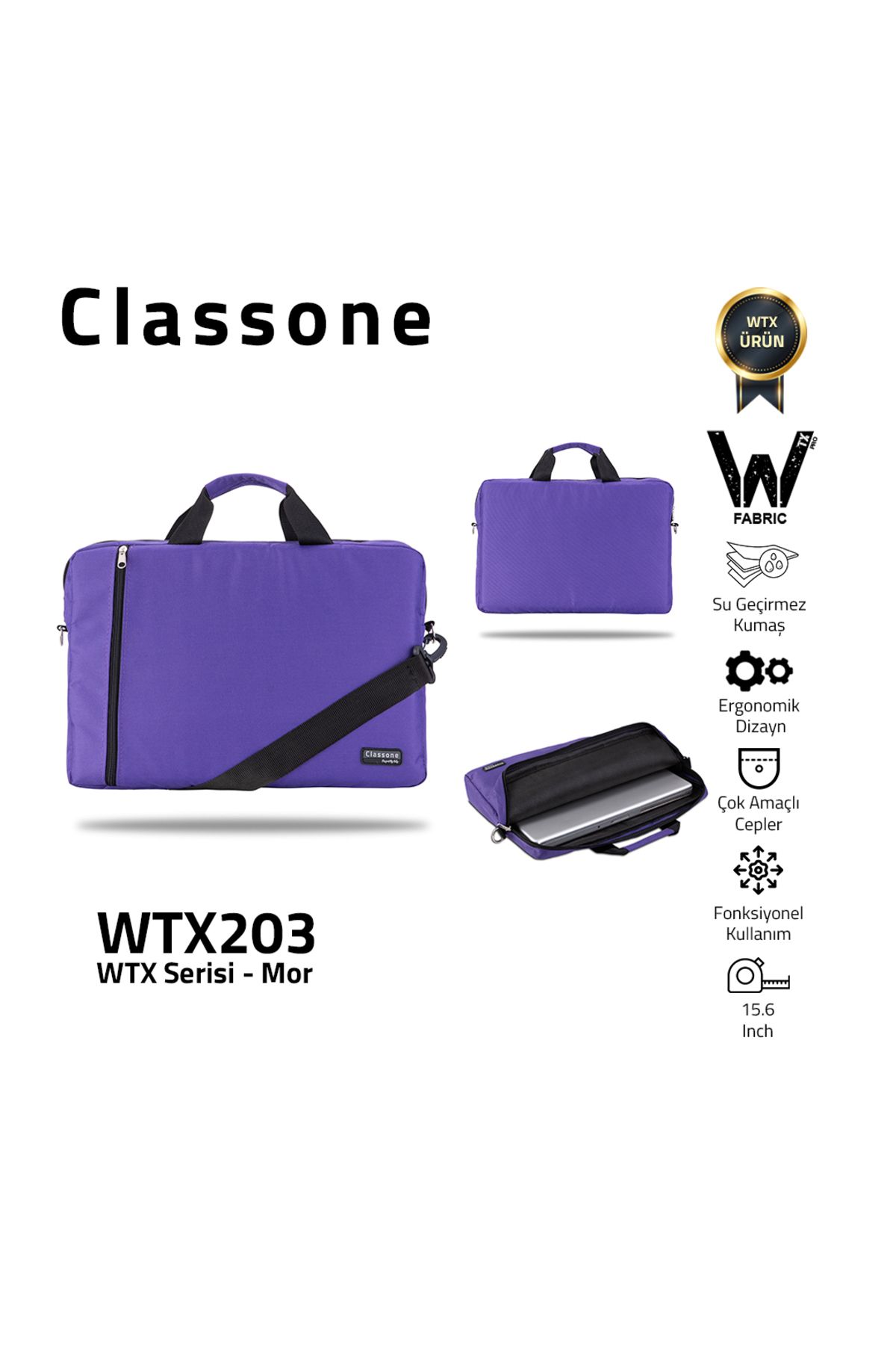 Classone Wtx203 Wtxpro Serisi Su Geçirmez Kumaş 15.6 Inch Macbook, Laptop , Notebook El Çantası- Mor