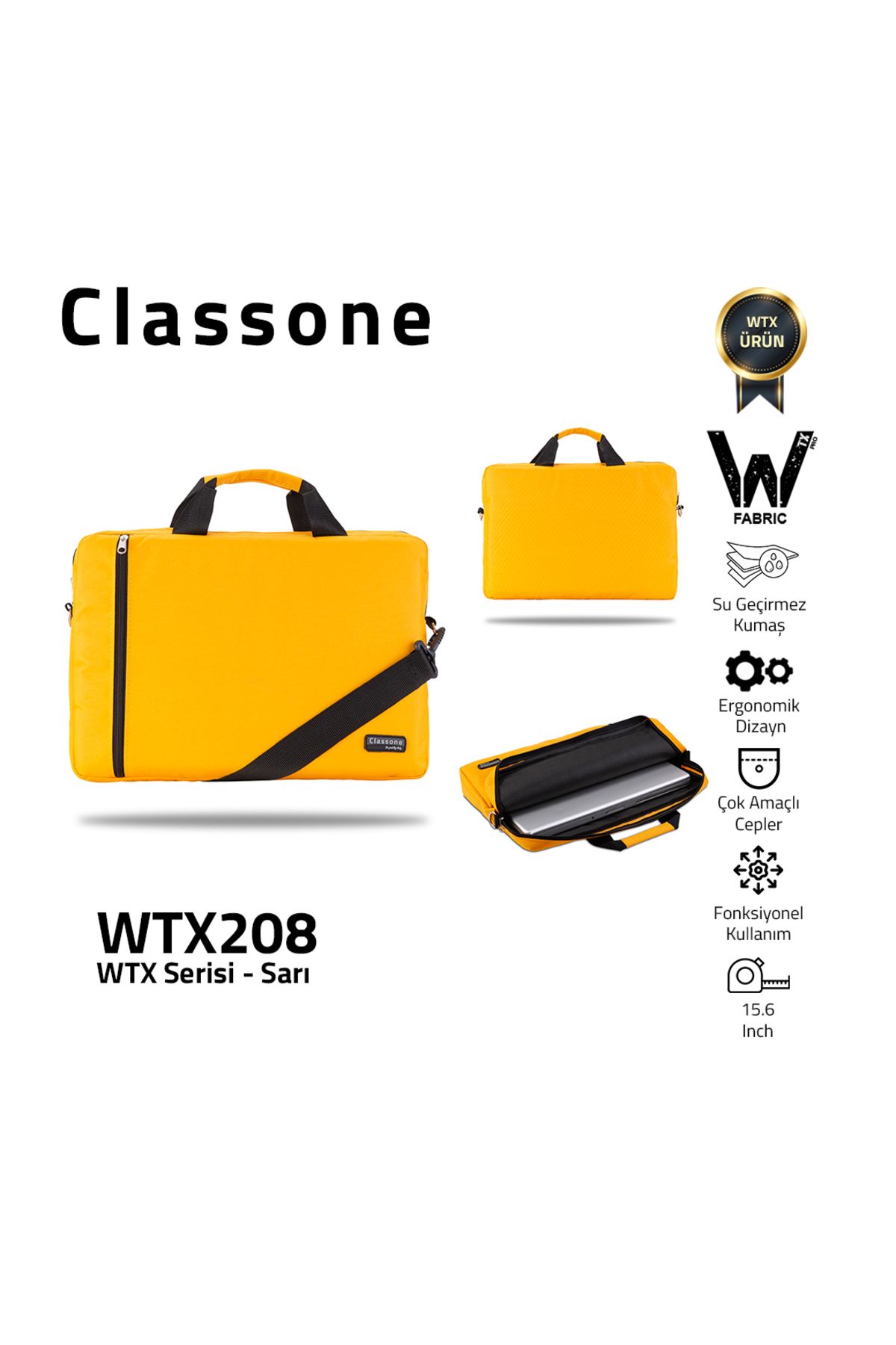 Classone Wtx208 Wtxpro Serisi Su Geçirmez Kumaş 15.6 Inch Macbook, Laptop , Notebook El Çantası- Sarı