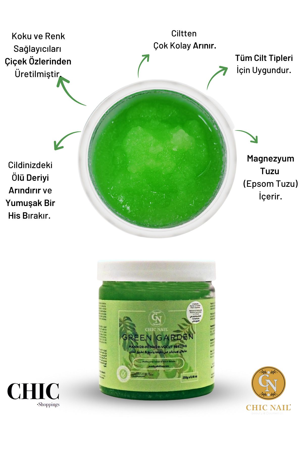 Chic Nail Manikür & Pedikür &vücut Peelingi Green Garden 250 gram / Magnezyum Tuzu / Epsom Tuzu / Ingiliz Tuzu