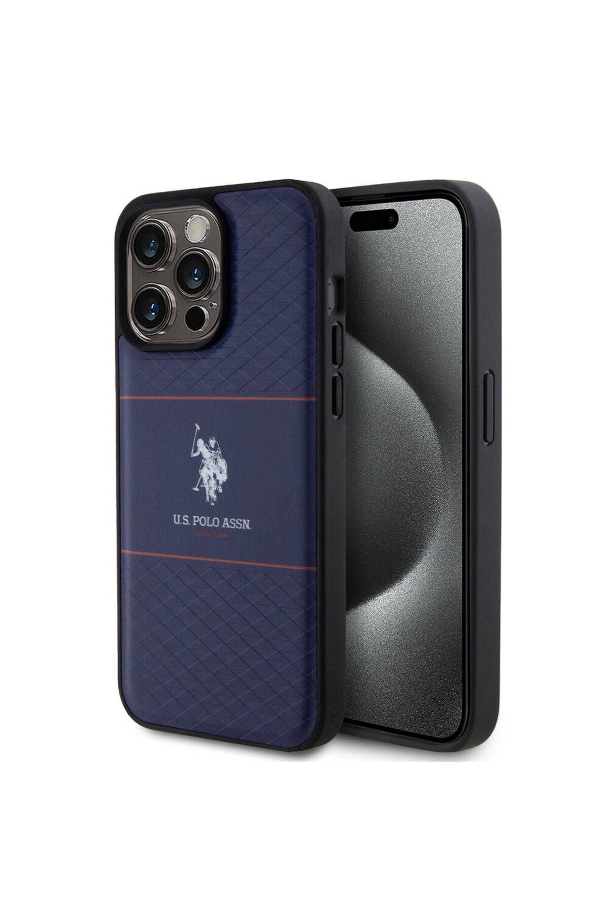 U.S. Polo Assn. iPhone 15 Pro Max Kılıf U.S. Polo Assn. Lisanslı Deri Şeritli Logo Dizayn Kapak Lacivert