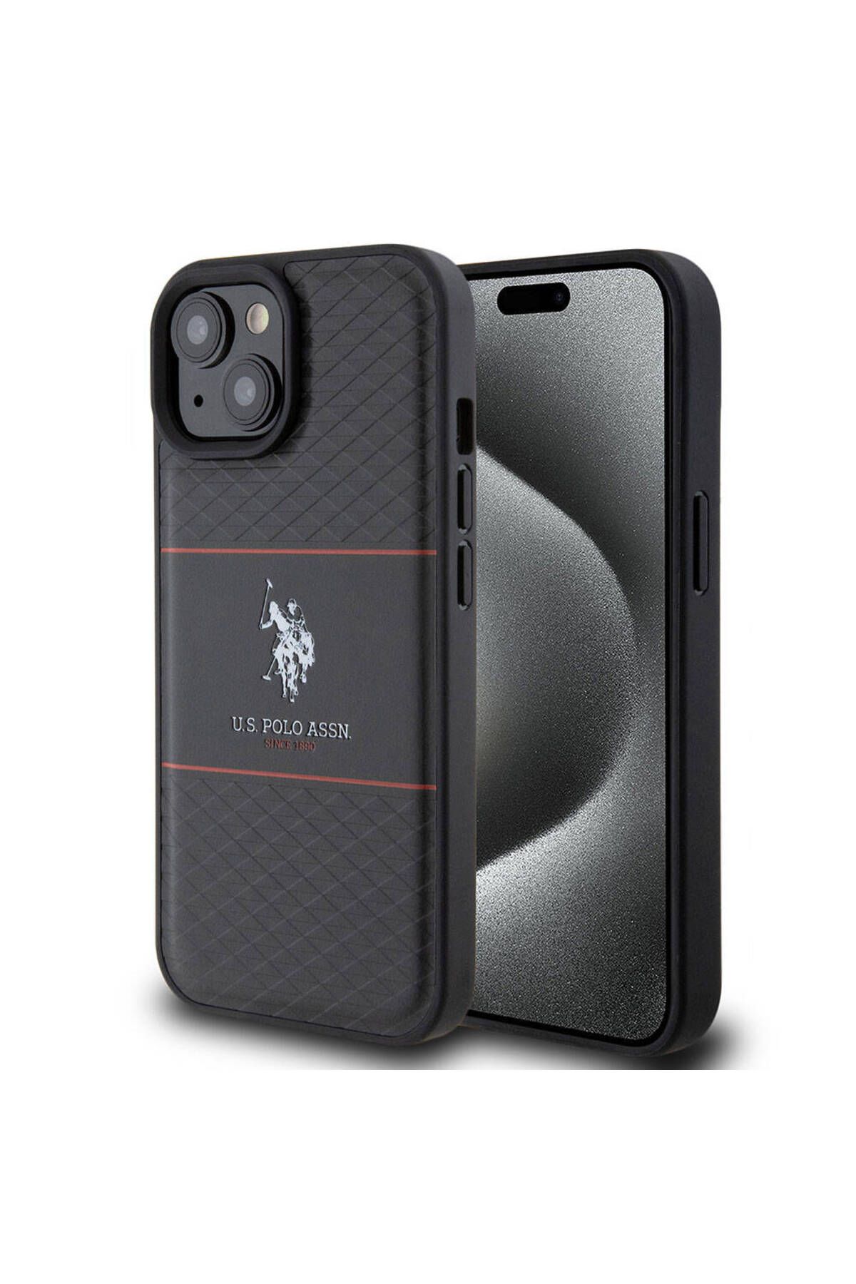 U.S. Polo Assn. iPhone 15 Kılıf U.S. Polo Assn. Lisanslı Deri Şeritli Logo Dizayn Kapak Siyah