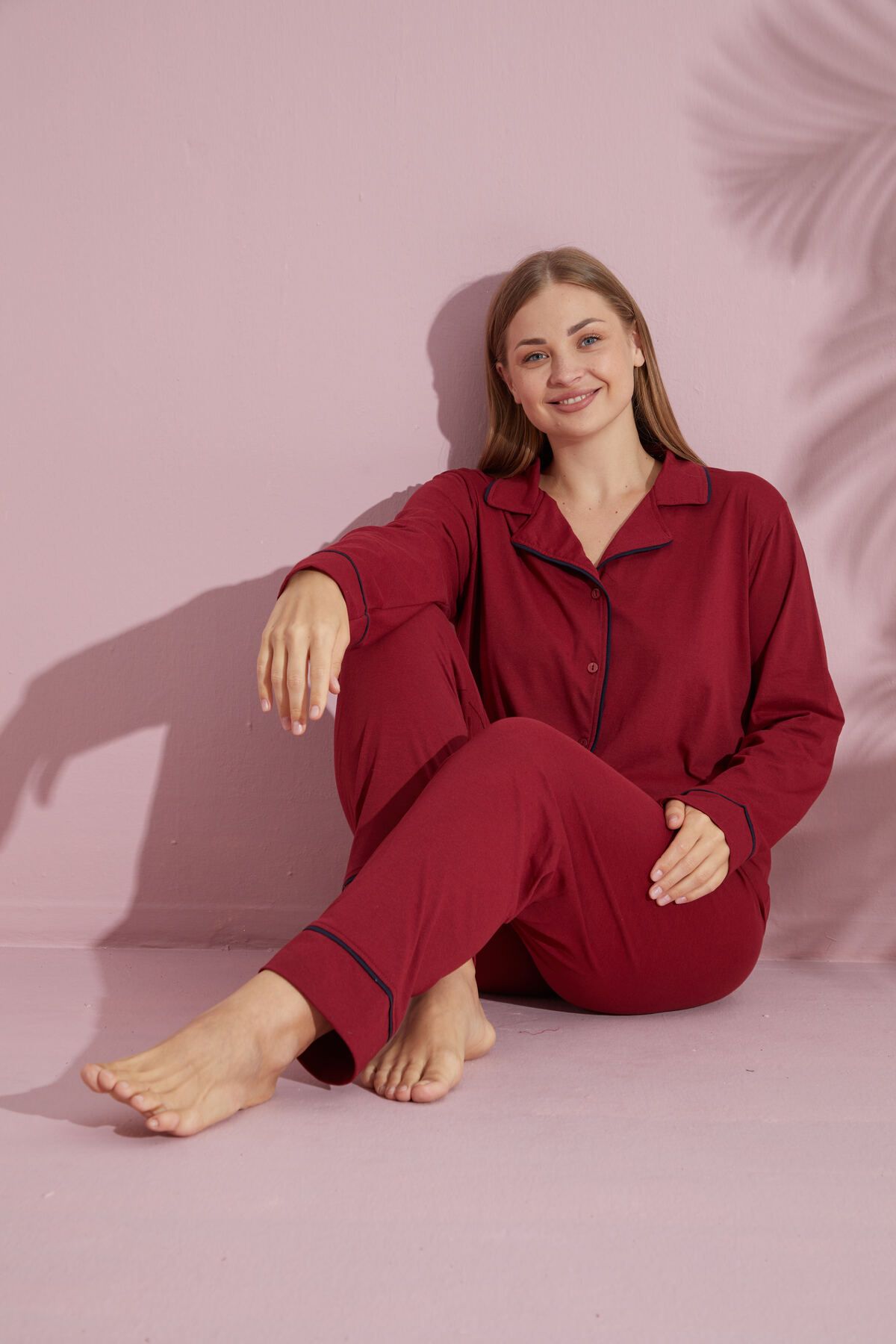 pijamacity Büyük Beden Kadın Bordo Uzun Kollu Pamuklu Düğmeli Biyeli Pijama Takımı