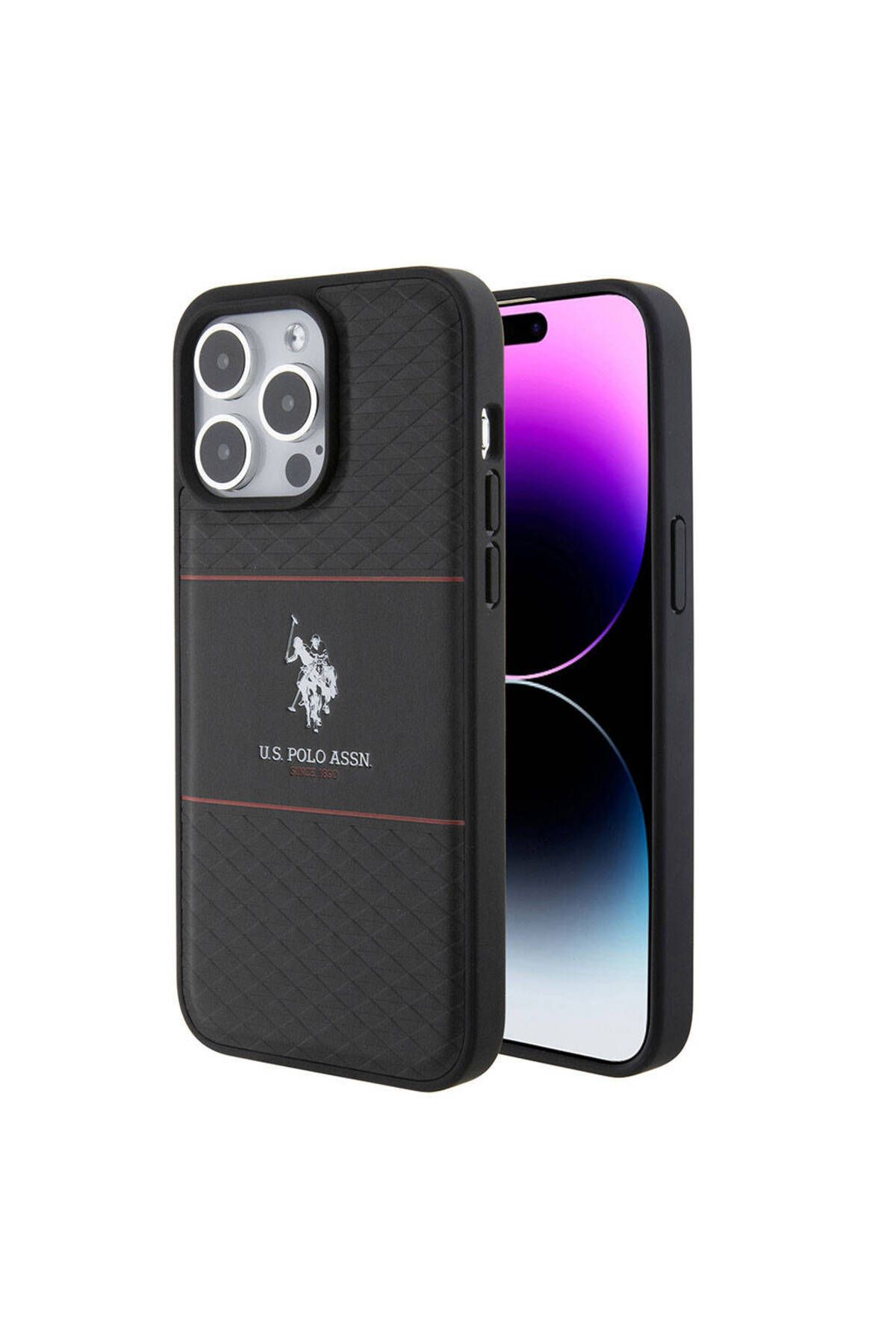 U.S. Polo Assn. iPhone 15 Pro Max Kılıf U.S. Polo Assn. Lisanslı Deri Şeritli Logo Dizayn Kapak Siyah