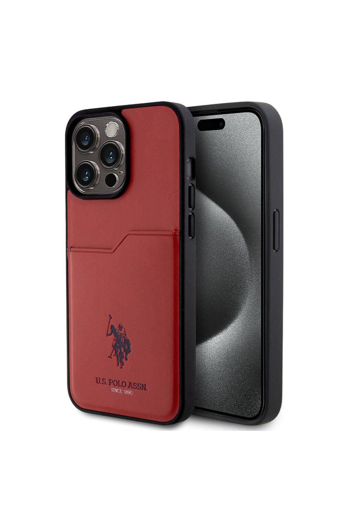 U.S. Polo Assn. iPhone 15 Pro Max Kılıf U.S. Polo Assn. Lisanslı Baskı Logolu PU Kartlıklı Kapak Kırmızı