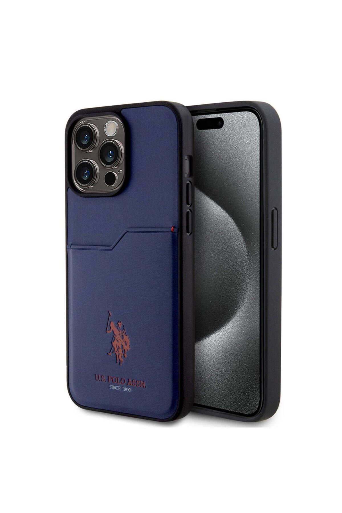 U.S. Polo Assn. iPhone 15 Pro Max Kılıf U.S. Polo Assn. Lisanslı Baskı Logolu PU Kartlıklı Kapak Lacivert