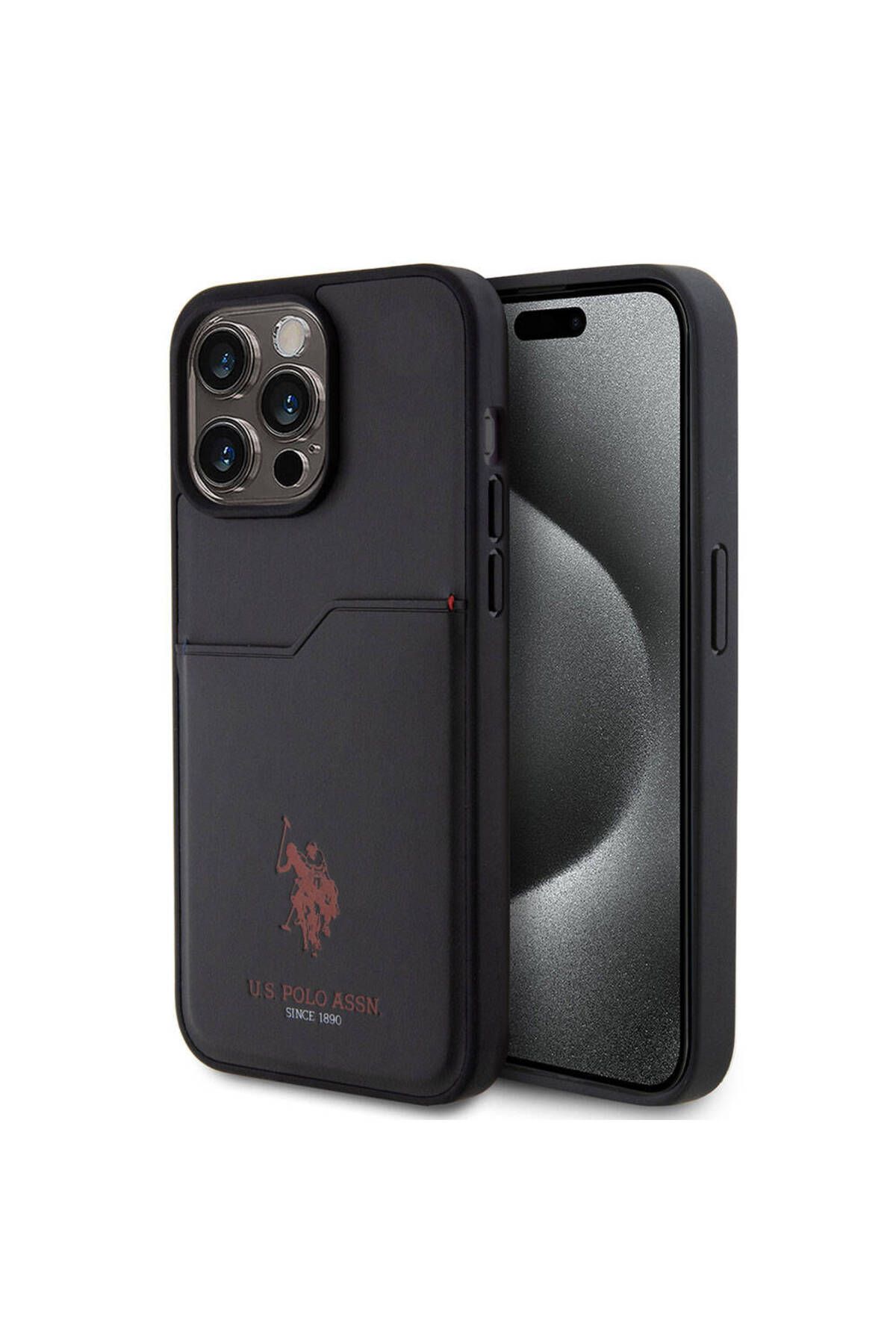 U.S. Polo Assn. iPhone 15 Pro Max Kılıf U.S. Polo Assn. Lisanslı Baskı Logolu PU Kartlıklı Kapak Siyah