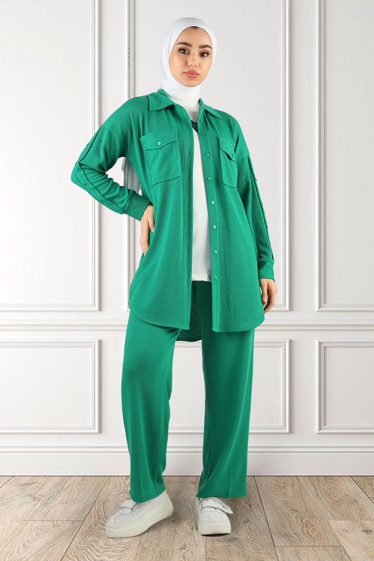 Julude Yeşil Kadın Desenli Tunik Pantolon Bluz Tesettür Üçlü Takım