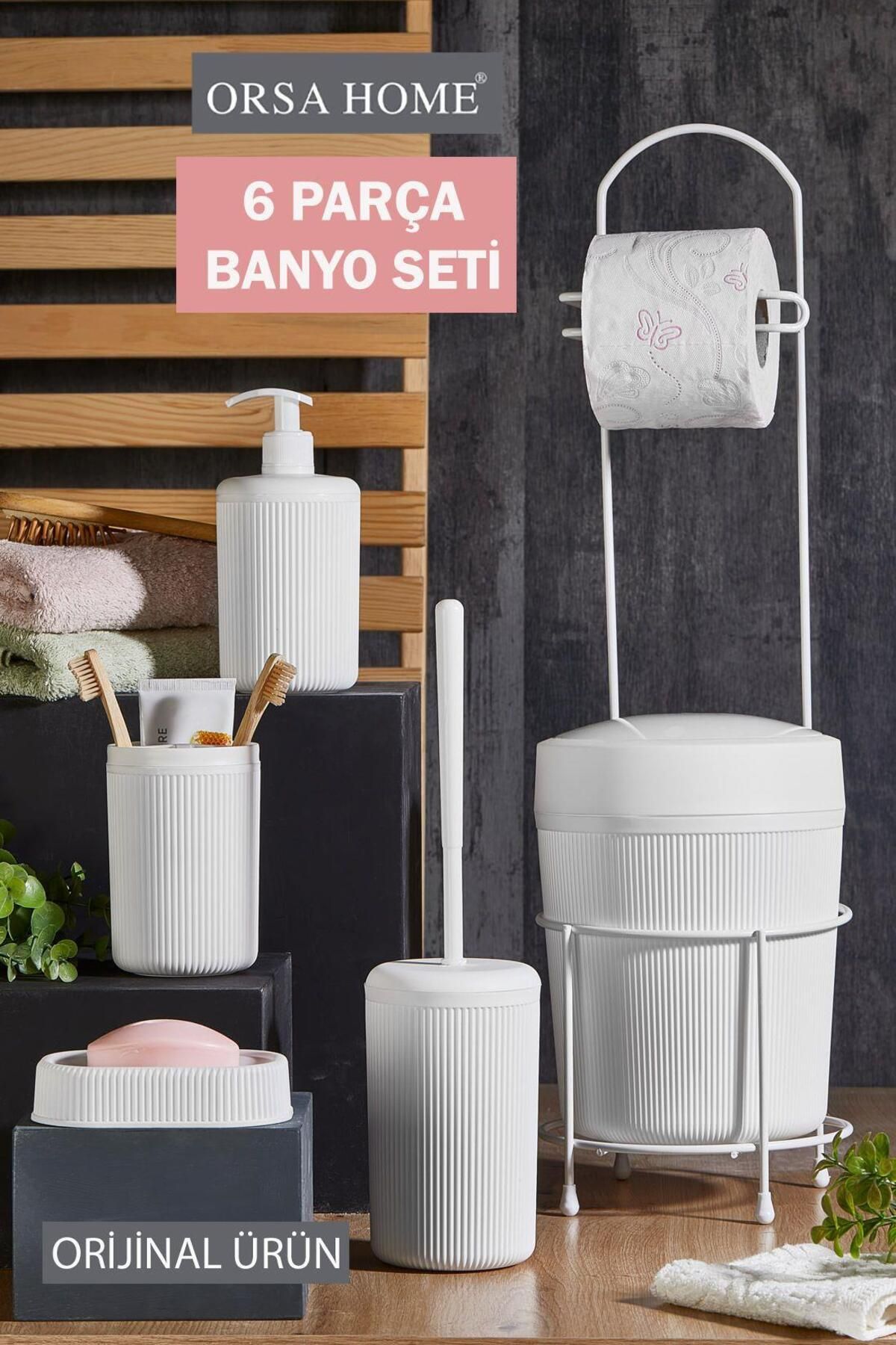 ORSA HOME Beyaz 6 Parça Banyo Seti Metal Stantlı Çöp Kovalı Wc Kağıtlık Ve Tuvalet Fırçası Katı - Sıvı Sabunlu
