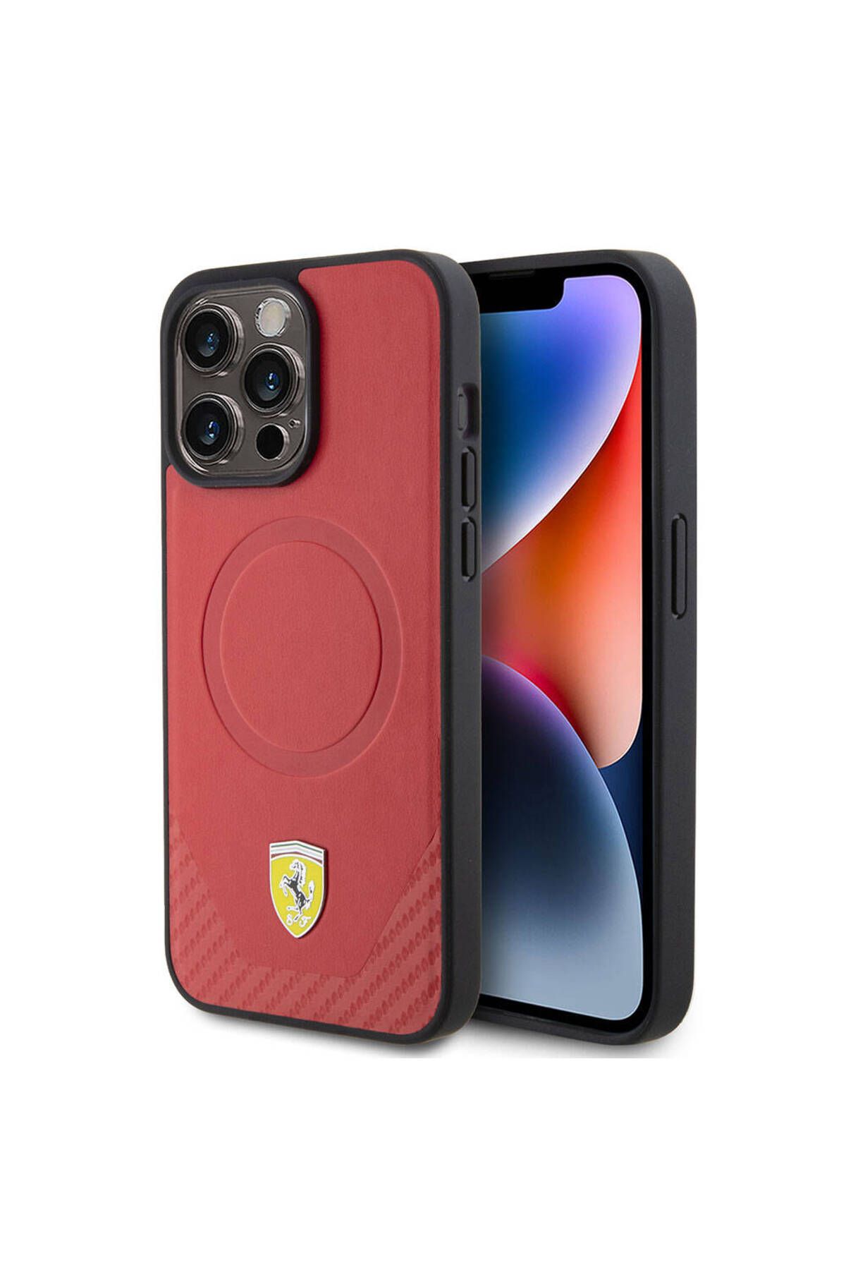 Ferrari iPhone 15 Pro Max Kılıf Ferrari Lisanslı Magsafe Şarjlı Metal Logolu PU Karbon Kırmızı