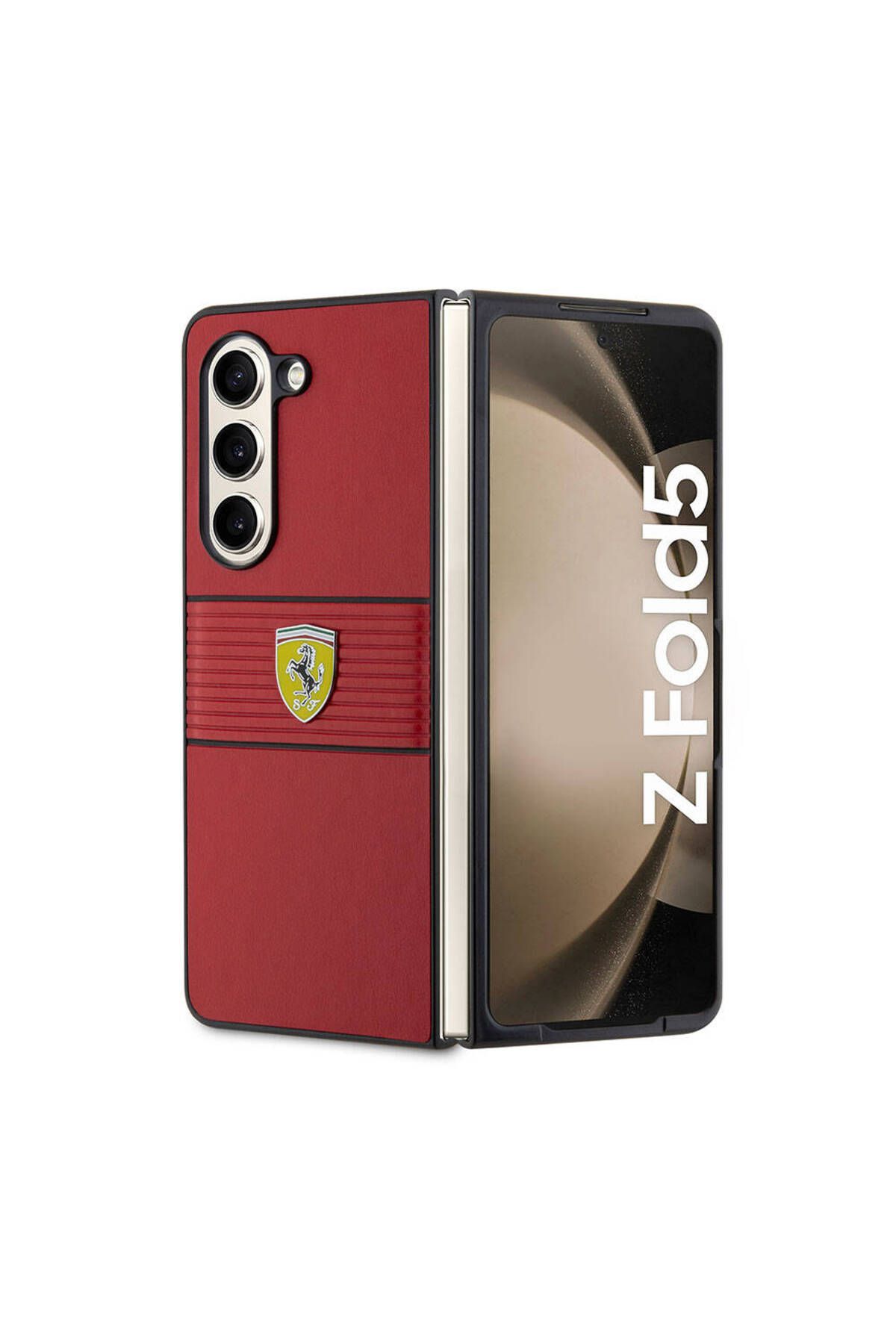 Ferrari Galaxy Z Fold 5 Uyumlu Kılıf Ferrari Lisanslı PU Deri Metal Logolu Multi Çizgili Kapak Kırmızı