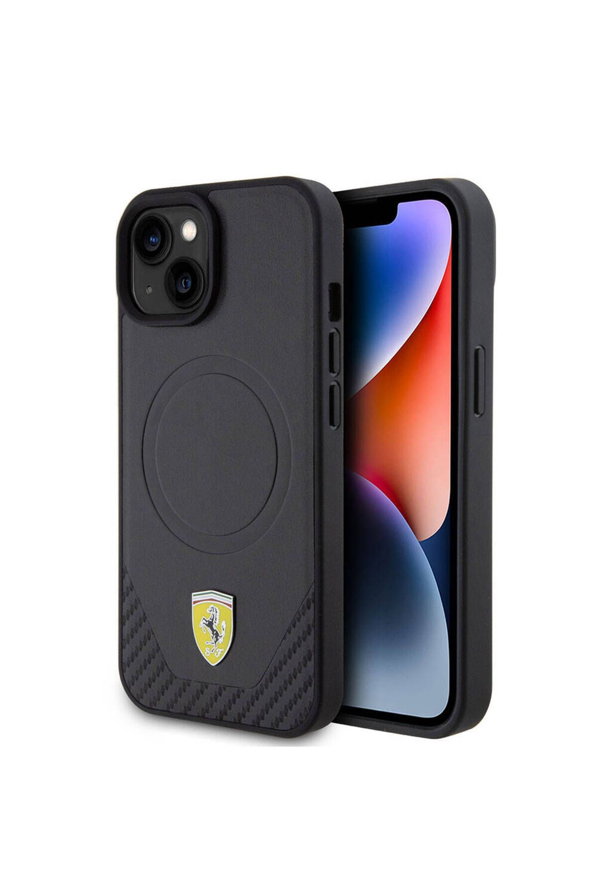 Ferrari iPhone 15 Plus Kılıf Ferrari Uyumlu Özellikli Metal Logolu PU Karbon Siyah