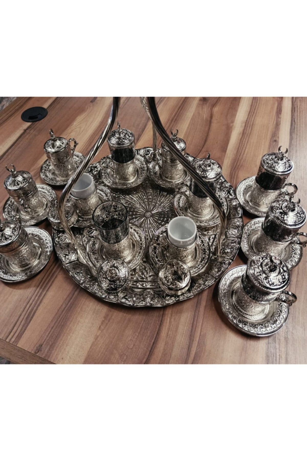 İkram Dünyası Osmanlı Gümüş Kahve Fincan Ve Su Seti Tepsili 50 Parça