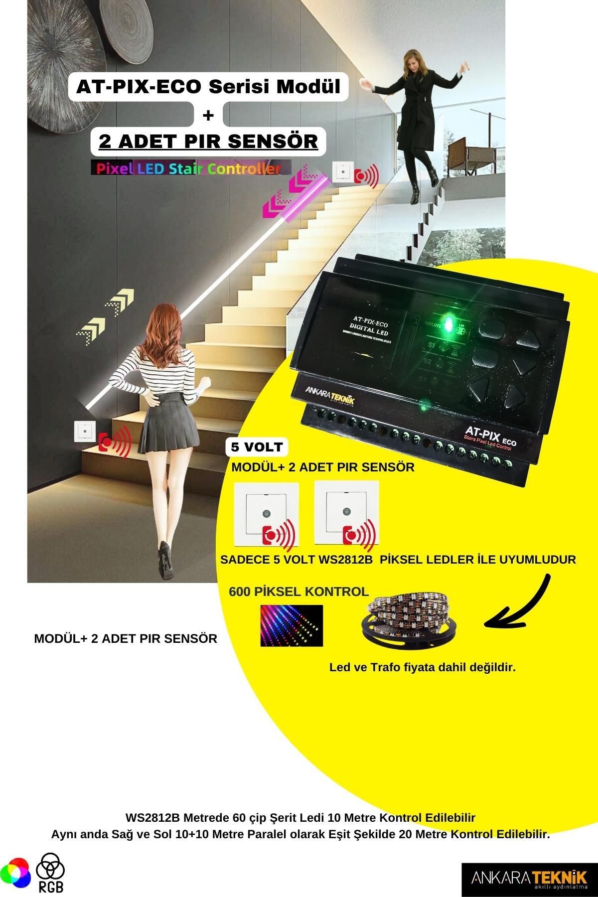 OEM Merdiven Kayar Led AT-PIX-Eco Serisi Modül+ 2 Ad. PIR Sensör / Kayar Led Akıllı Merdiven / 5 Volt