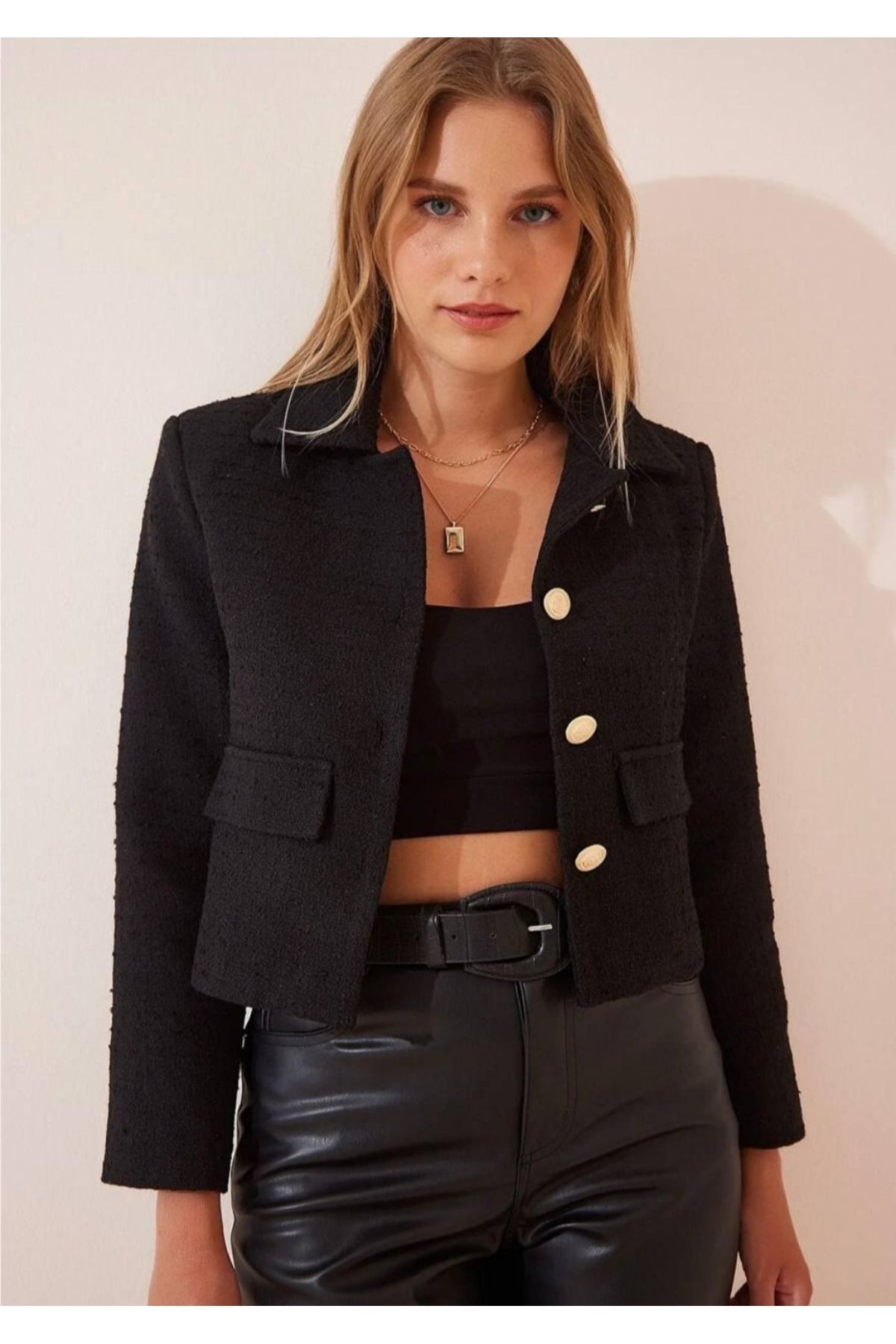 toli woman Kadın Siyah Crop Tüvit Blazer Ceket 50034