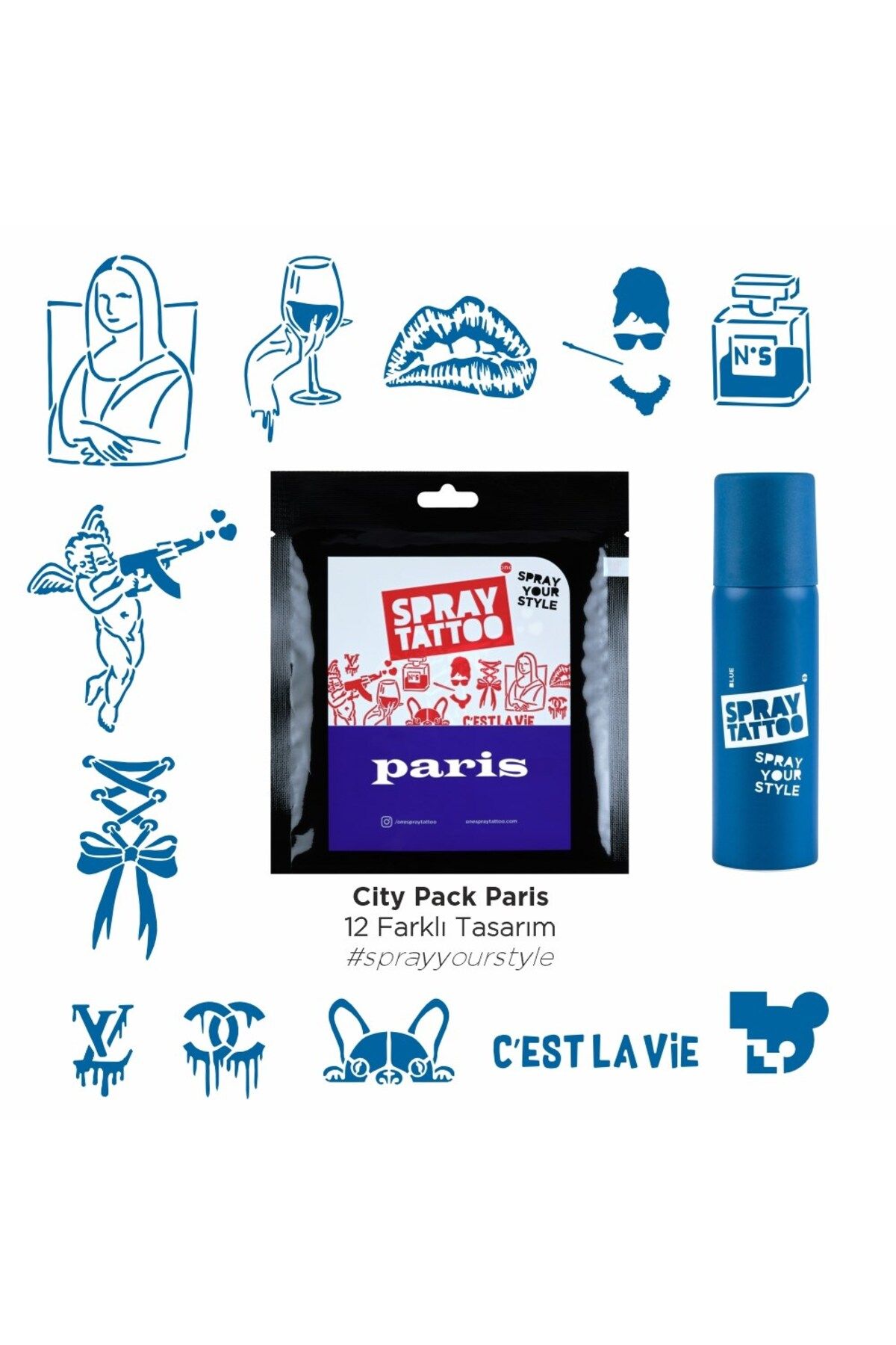 One Spray Tattoo Paris City Pack Geçici Dövme ve Mavi Sprey