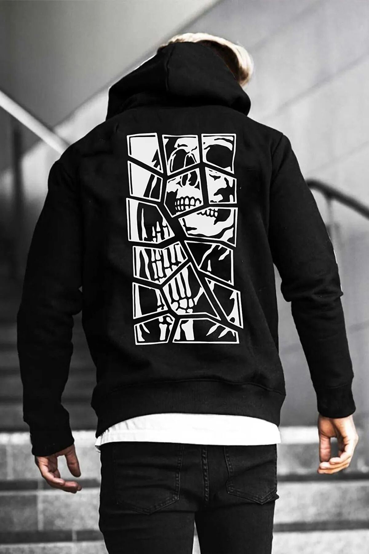 Serbella Erkek Kapüşonlu Sweatshirt Skull Sırt Baskı