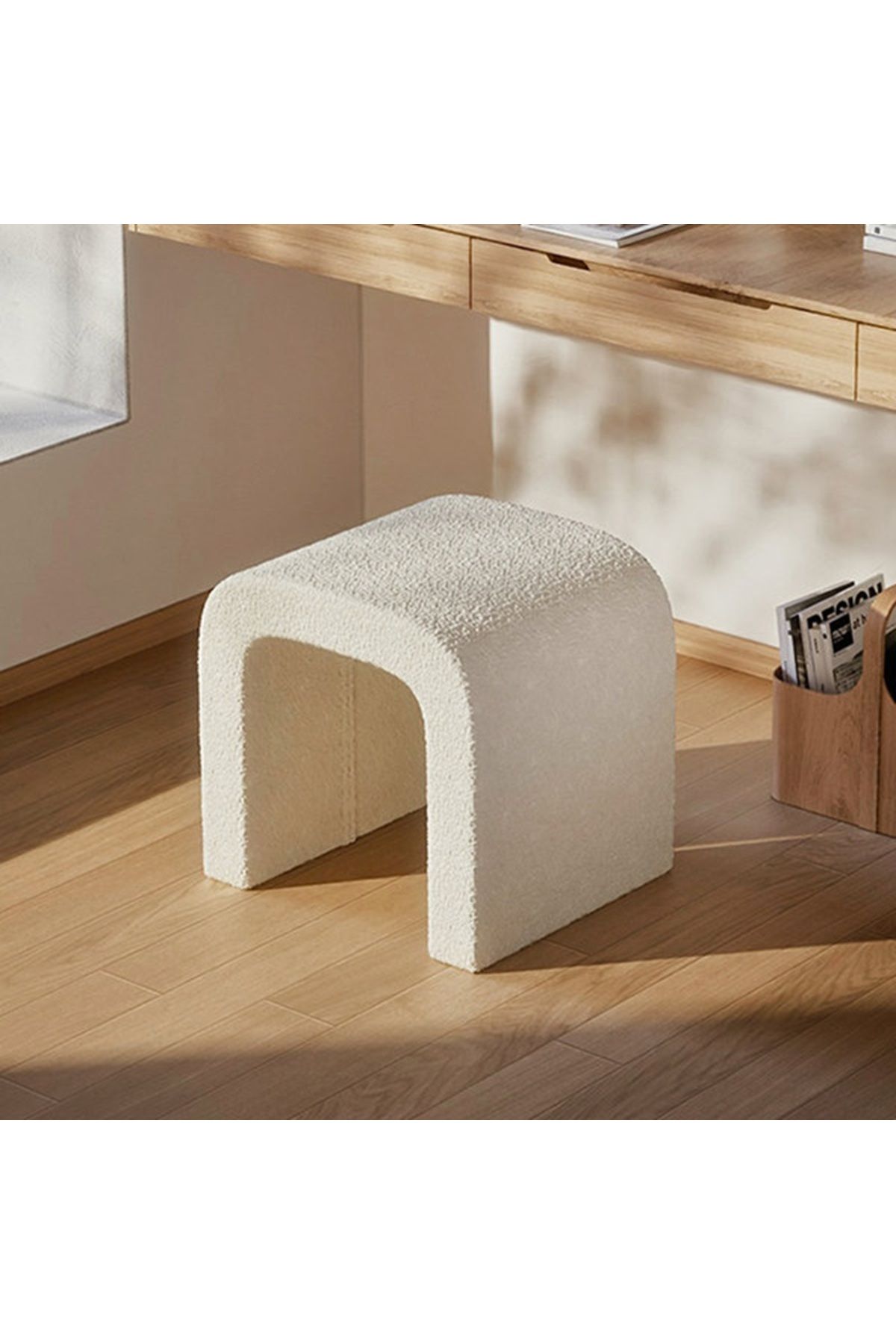 ERİZA Arch modern puf bench (beyaz) Bukle kumaş, 55x45x45 cm