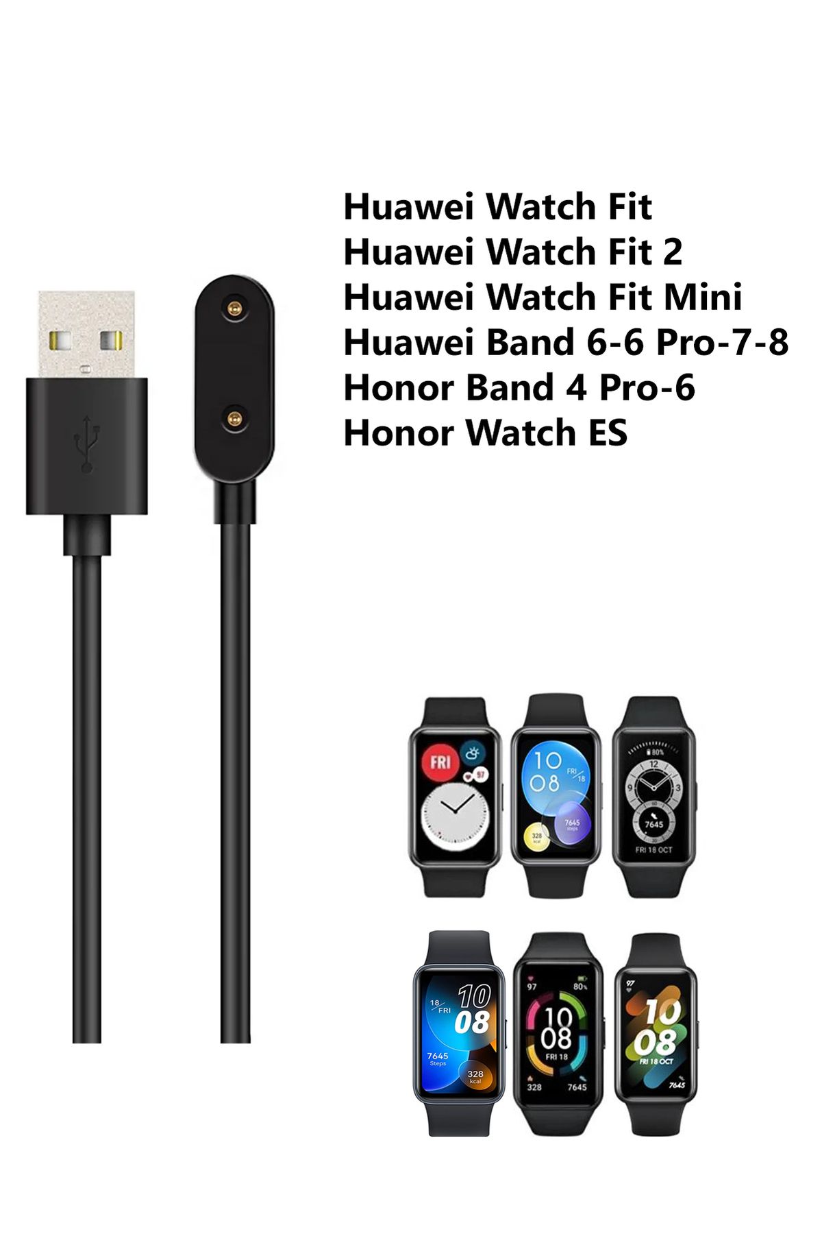 AQUA AKSESUAR Huawei Watch Fit/ Fit 2/ Fit Mini - Huawei Band 6/6 Pro/7/8 - Honor Band 6/ 4 Pro Şarj Kablosu Siyah
